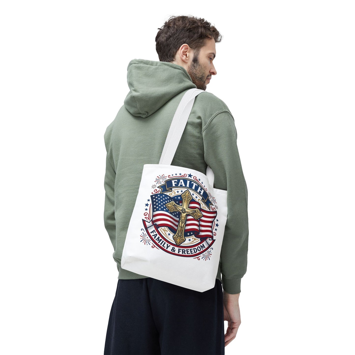 Faith, Family & Freedom Tote Bag — Patriotic Cross American Flag Tote (USA 250th)