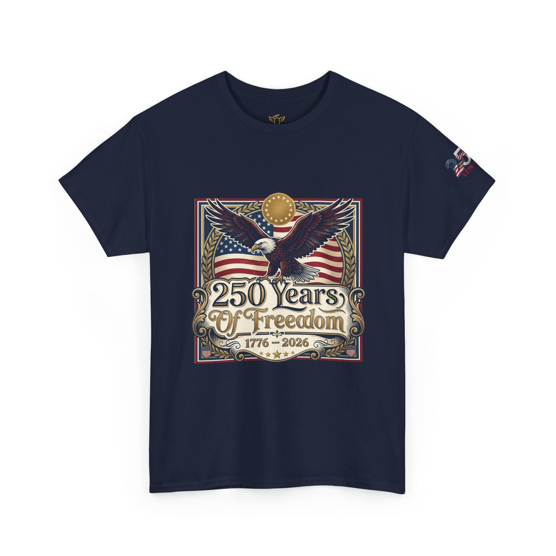 250 Years of Freedom T-Shirt — USA 250TH Anniversary Patriotic Eagle Tee, Navy blue t-shirt with '250 Years of Freedom' design featuring an eagle and American flag on a white background.