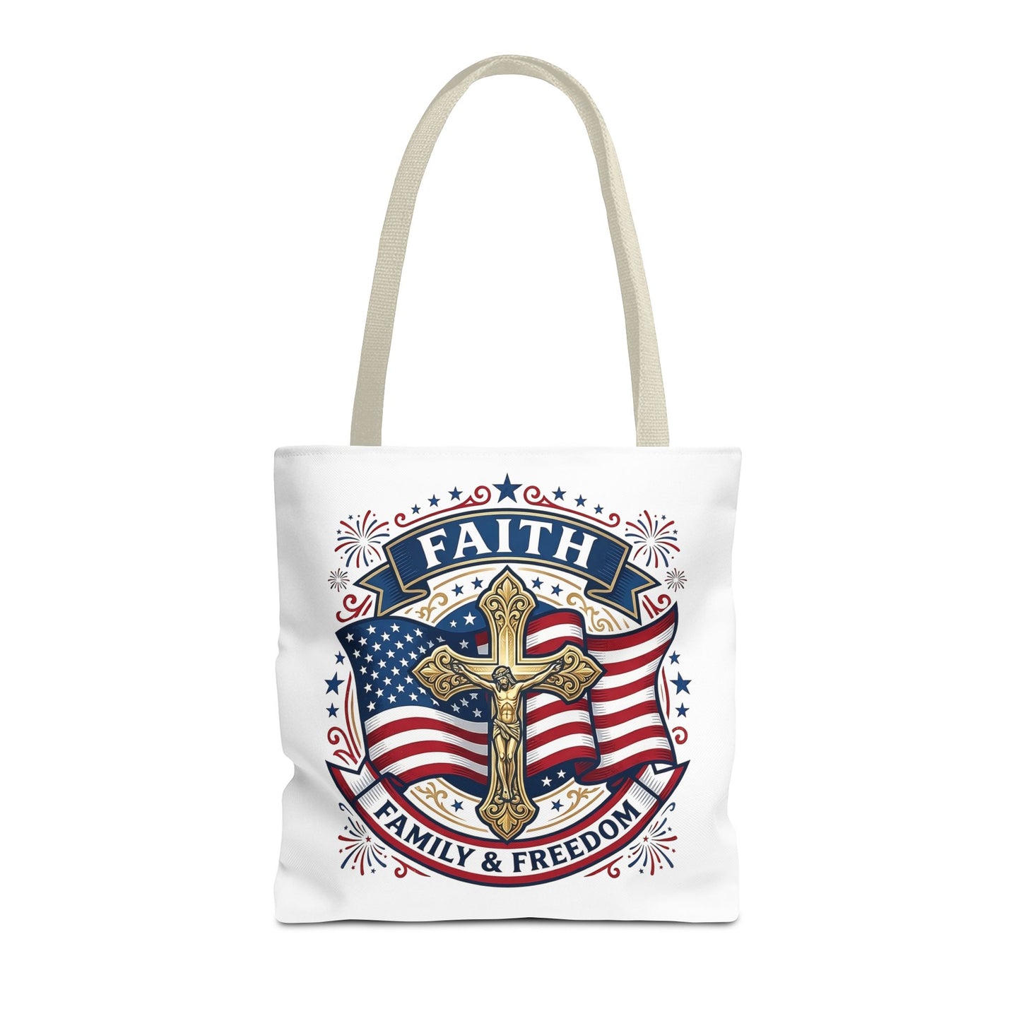 Faith, Family & Freedom Tote Bag — Patriotic Cross American Flag Tote (USA 250th)