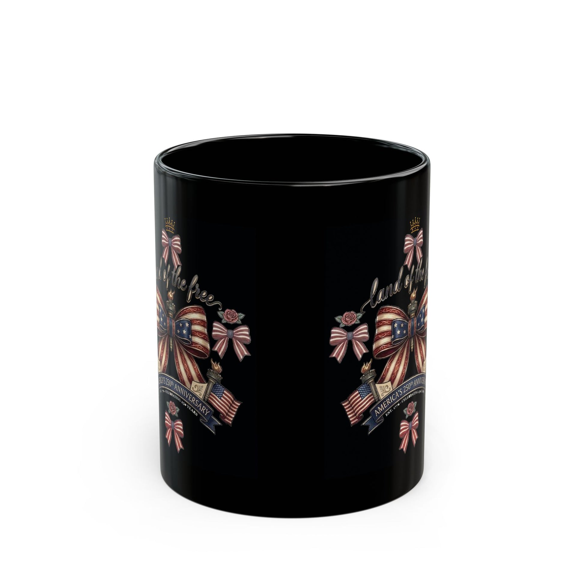 USA 250th ANNIVERSARY Ribbon Heart Black Mug — America 250 Years ANNIVERSARY Bow Ribbons Coffee Cup - Trending Novelties & Gifts