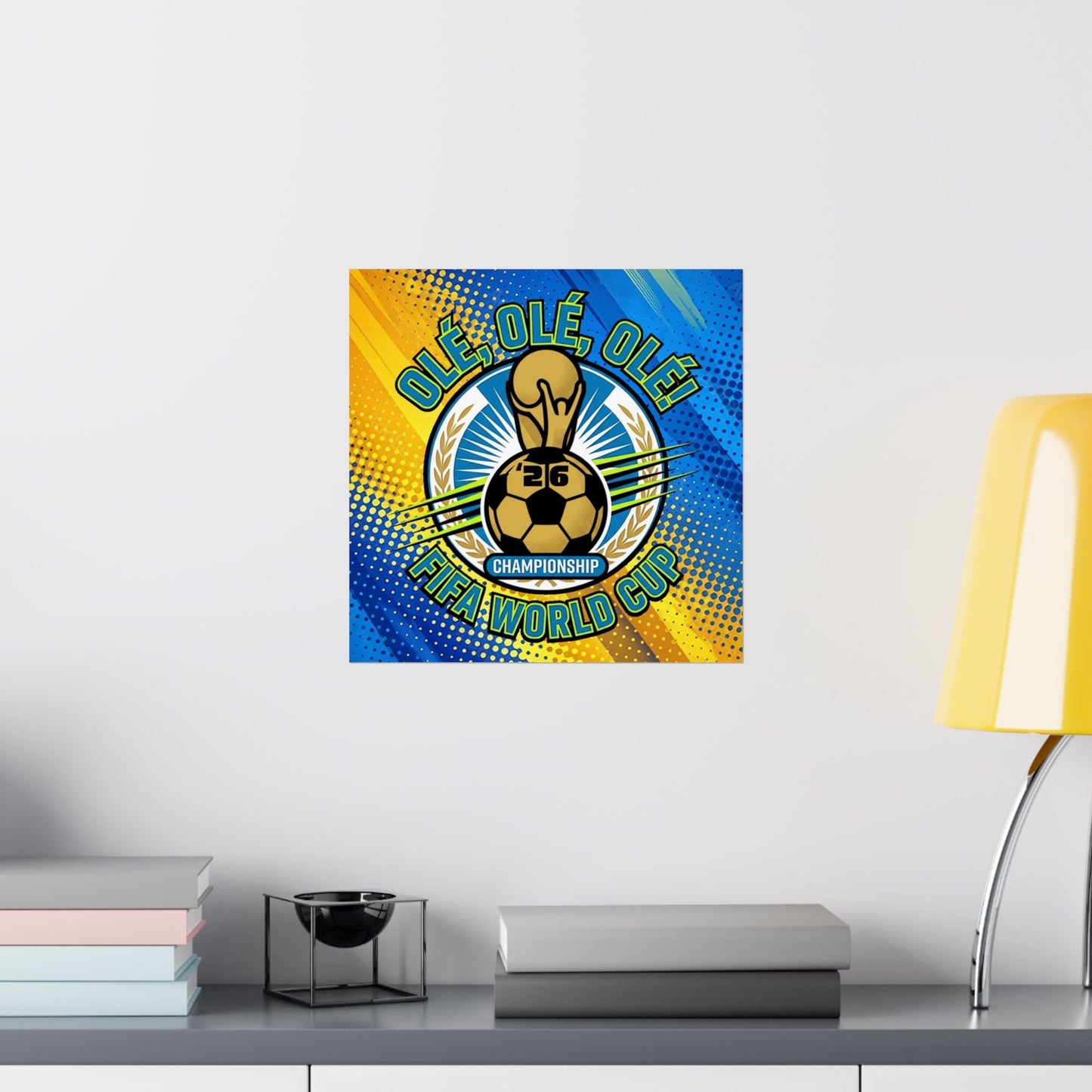 Decorative wall art with a soccer ball design and text on a white wall above a shelf.