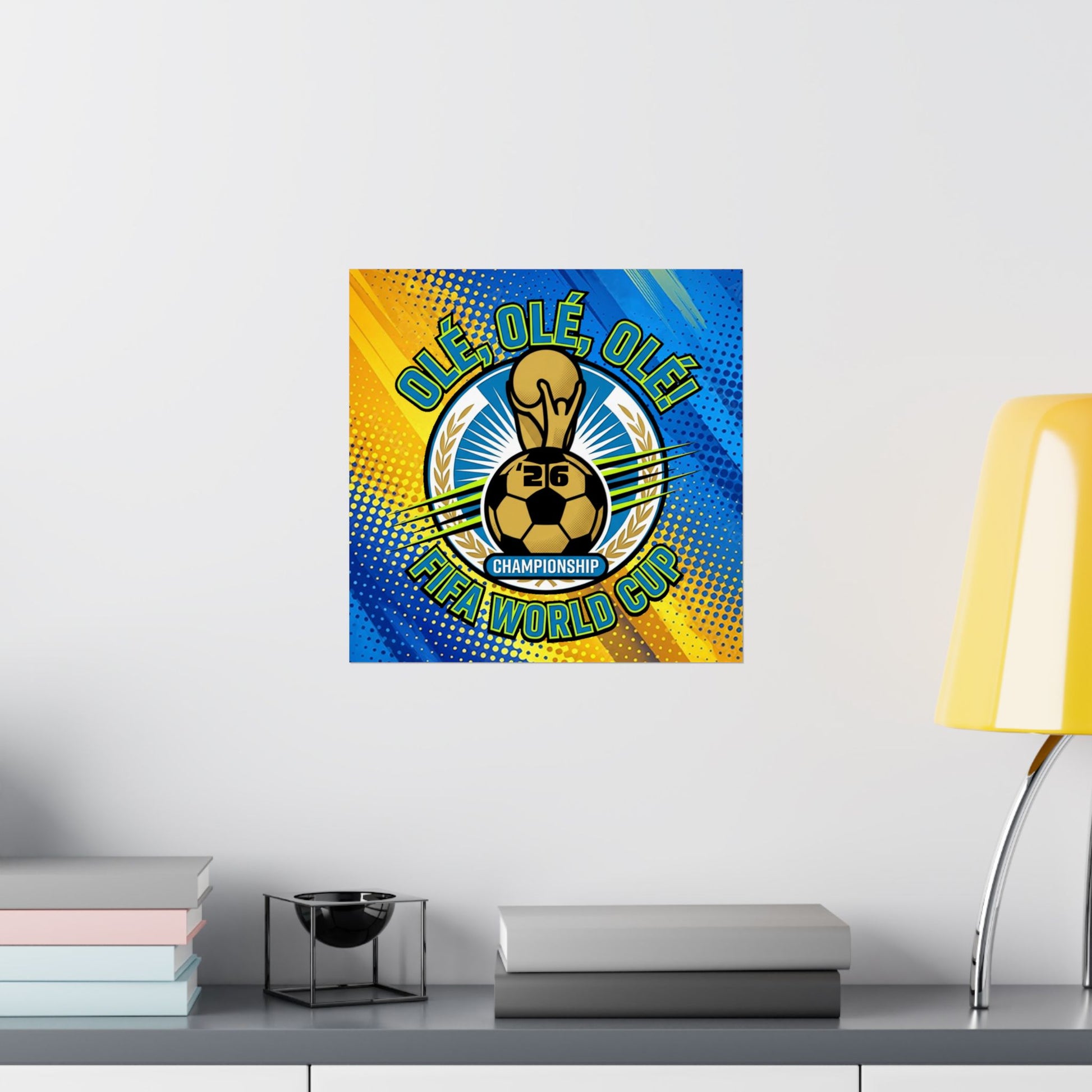 Decorative wall art with a soccer ball design and text on a white wall above a shelf.