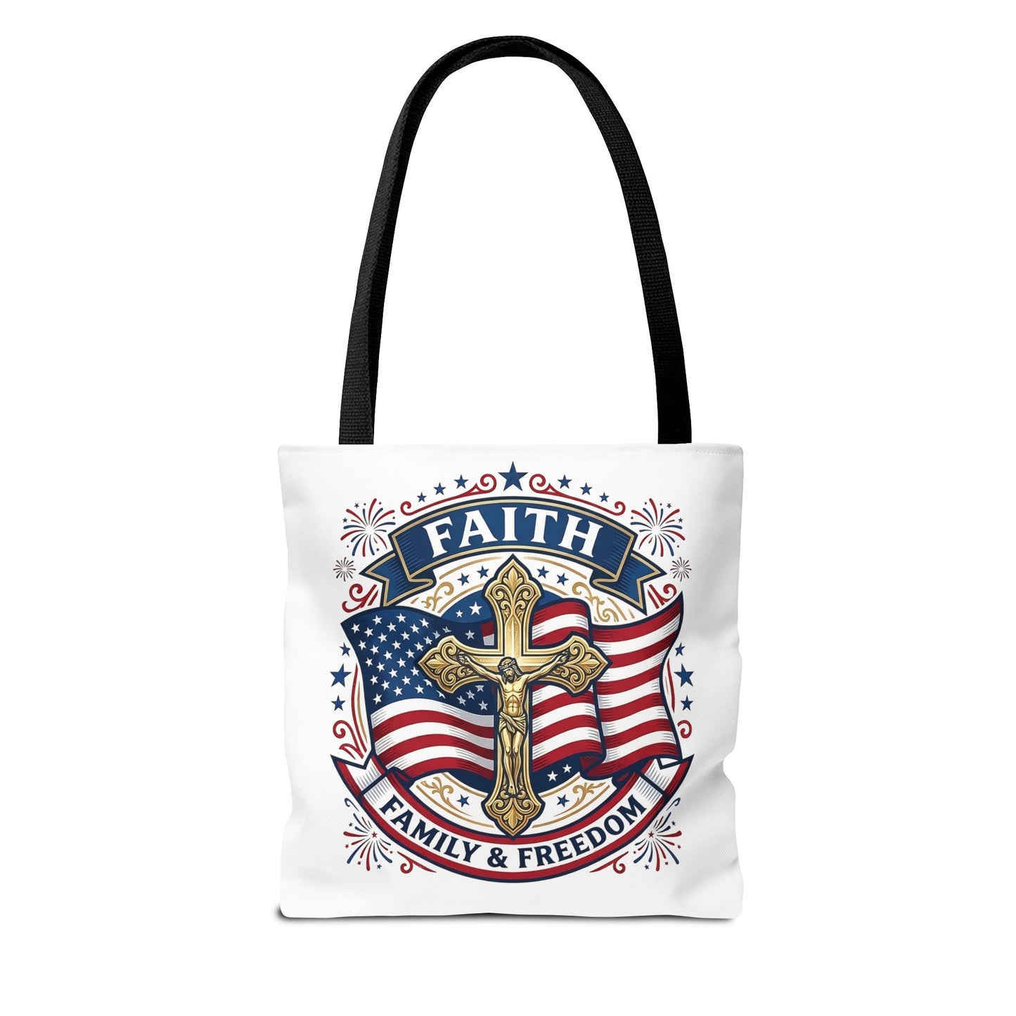 Faith, Family & Freedom Tote Bag — Patriotic Cross American Flag Tote (USA 250th)