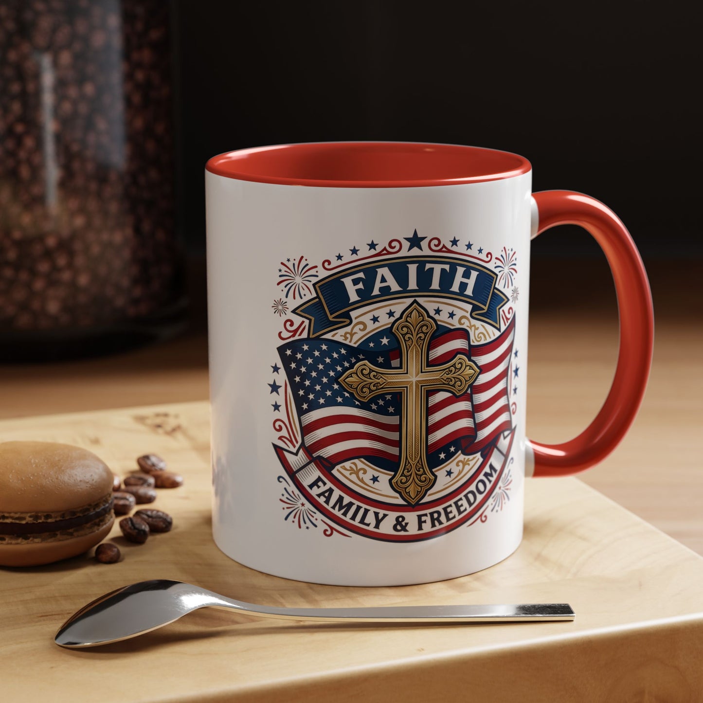 Faith, Family & Freedom Accent Coffee Mug — Patriotic Cross Mug  (USA 250th)