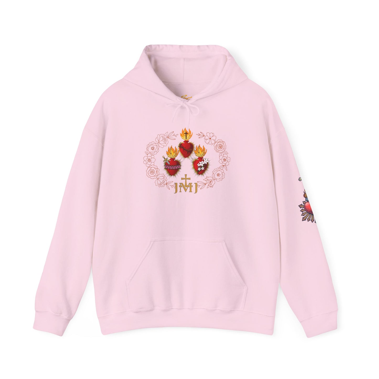 Sacred Hearts Hoodie — Three Flaming Hearts J.M.J. Devotional Sweatshirt (CT)