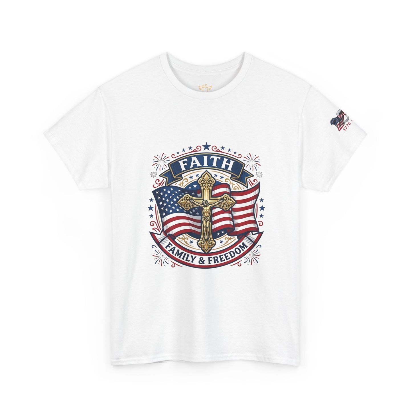 Catholic Faith, Family & Freedom T‑Shirt — Patriotic Cross American Flag Tee (USA 250th)