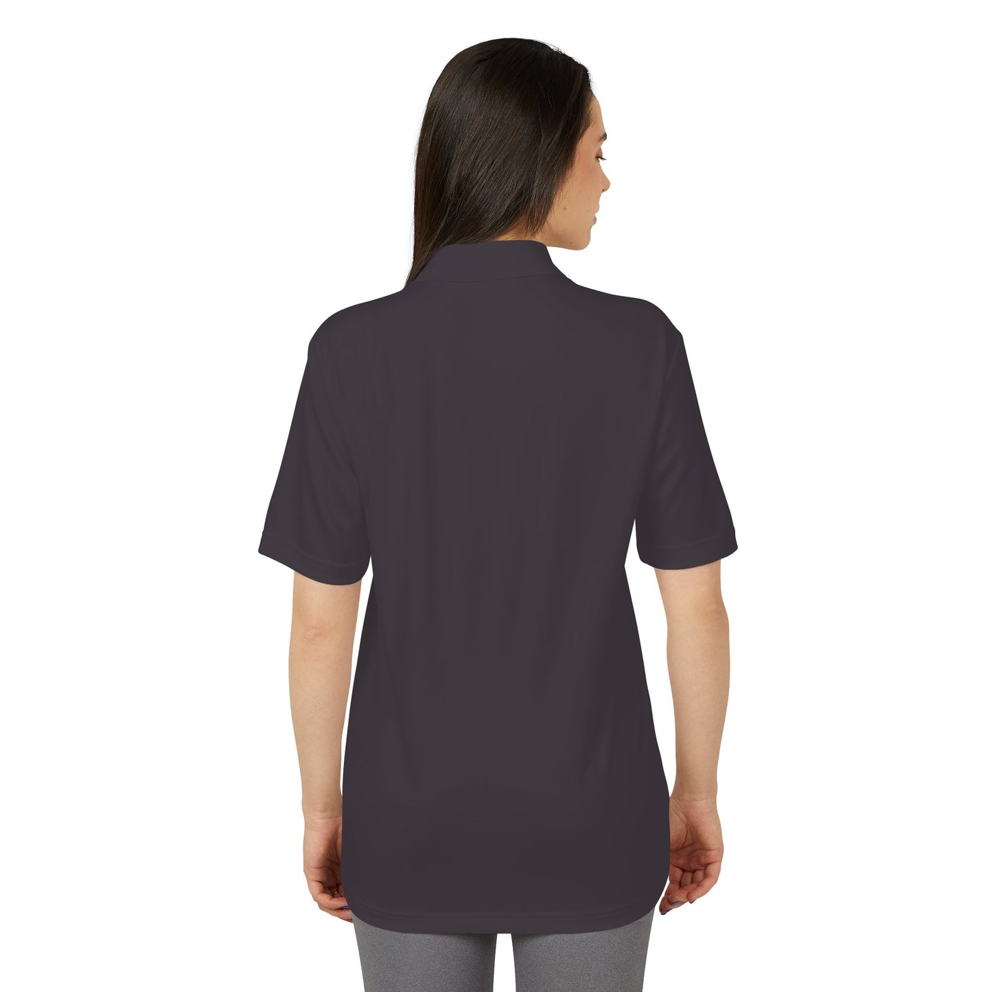 Adidas Polo shirt, Woman wearing a dark gray tunic with short sleeves on a white background