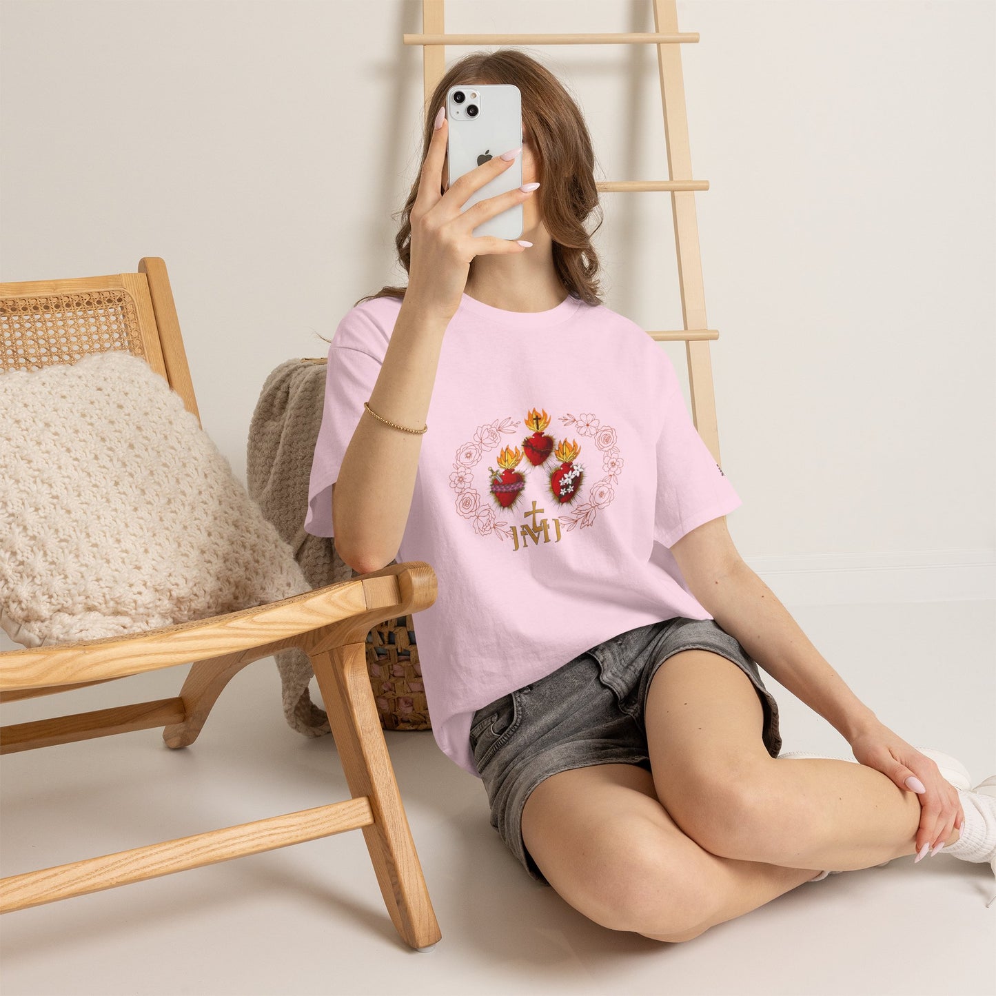 Sacred Hearts Tee — Three Flaming Hearts with JMJ Cross (CT)