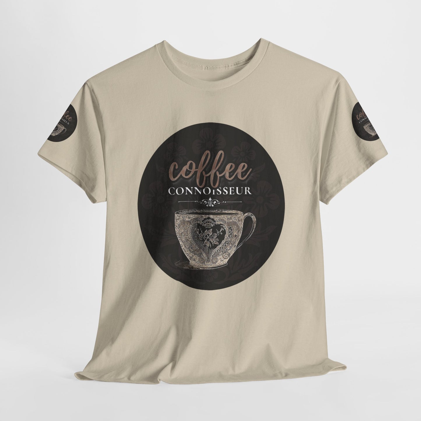 COFFEE LOVERS COTTON TEES For Connoisseurs, Beige t-shirt with 'coffee connoisseur' graphic on a white background