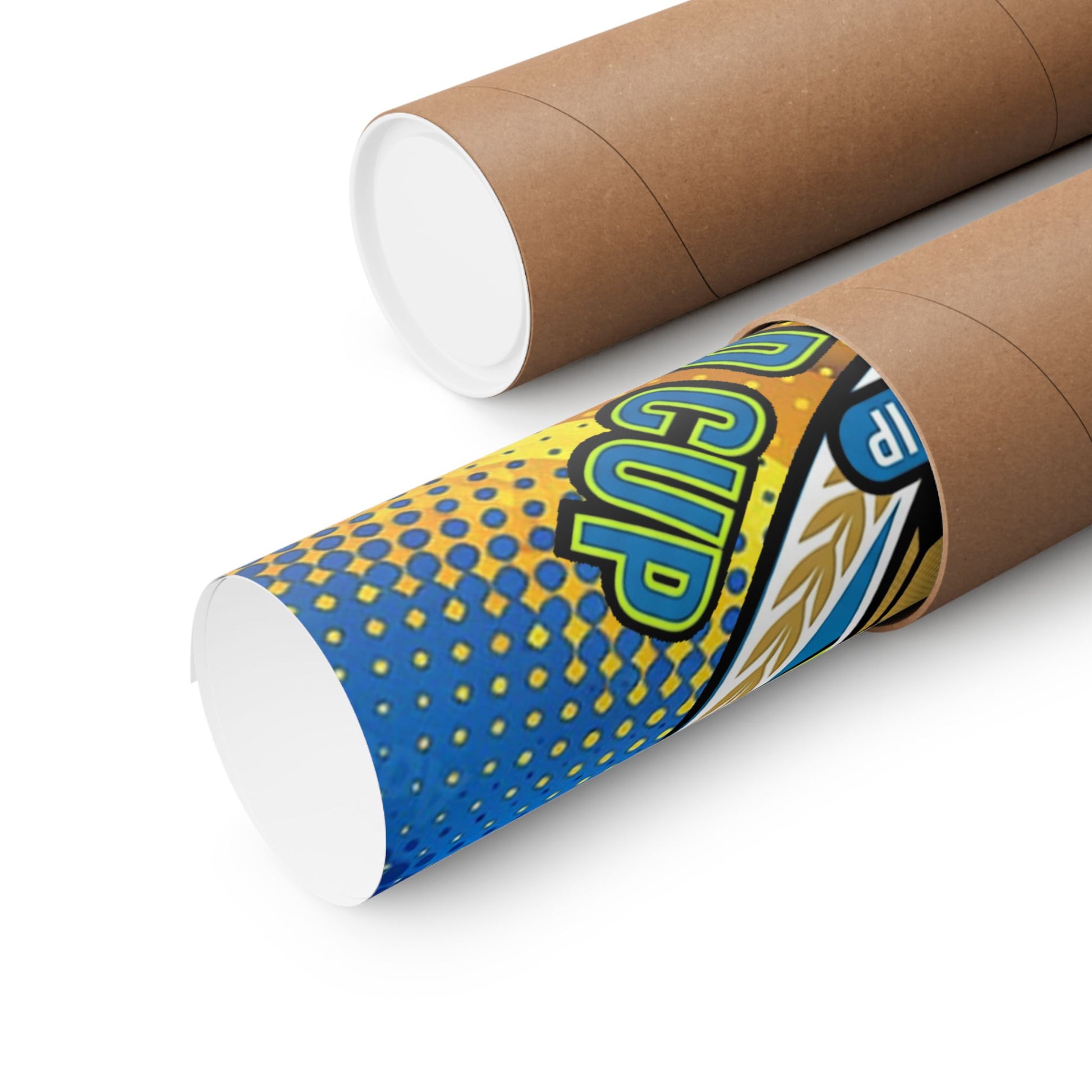 Roll of paper cups with a colorful design on a white background