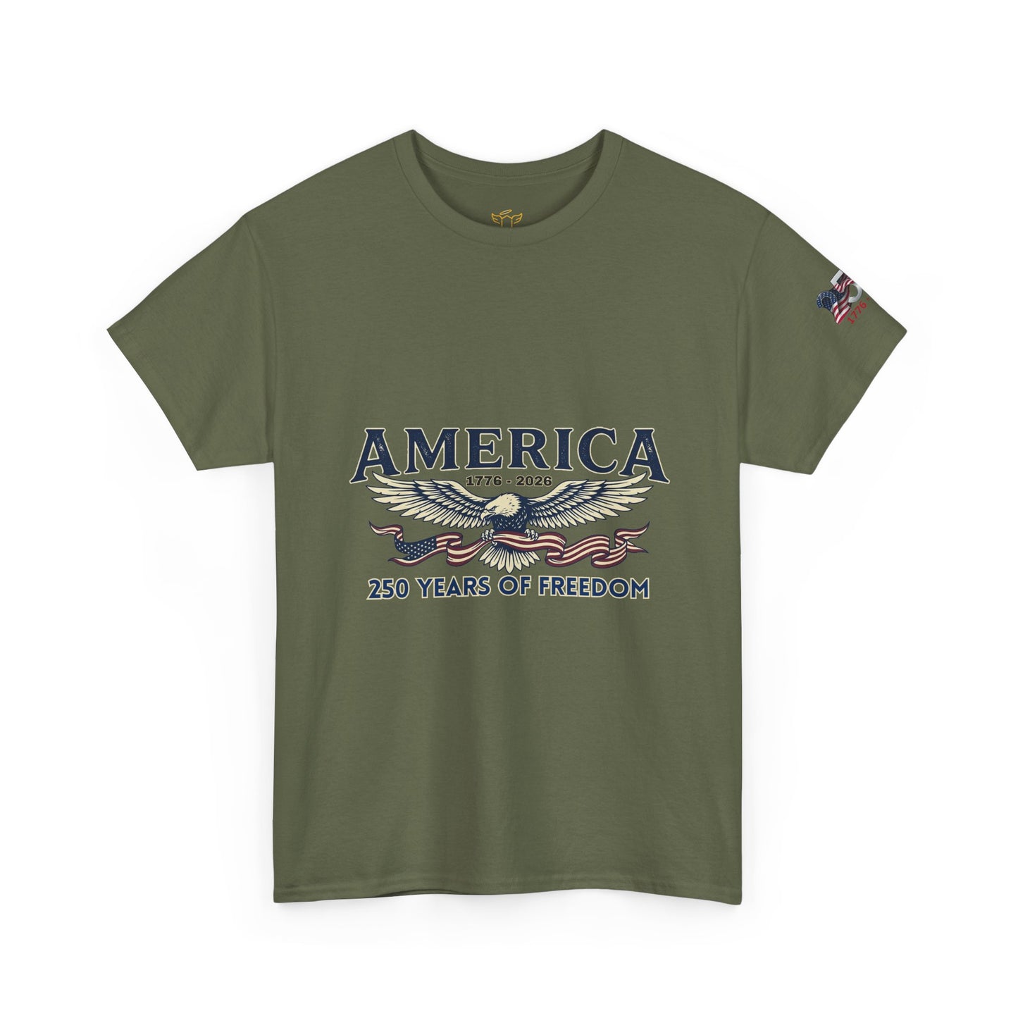 America 250 Years of Freedom T-Shirt — USA 250th ANNIVERSARY T-shirt, Green t-shirt with 'America 250 Years of Freedom' design on a white background