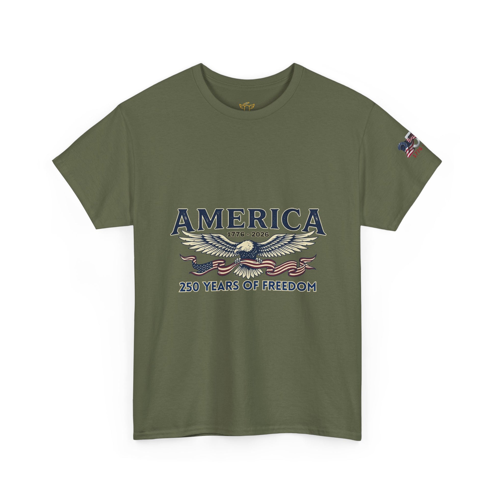 America 250 Years of Freedom T-Shirt — USA 250th ANNIVERSARY T-shirt, Green t-shirt with 'America 250 Years of Freedom' design on a white background