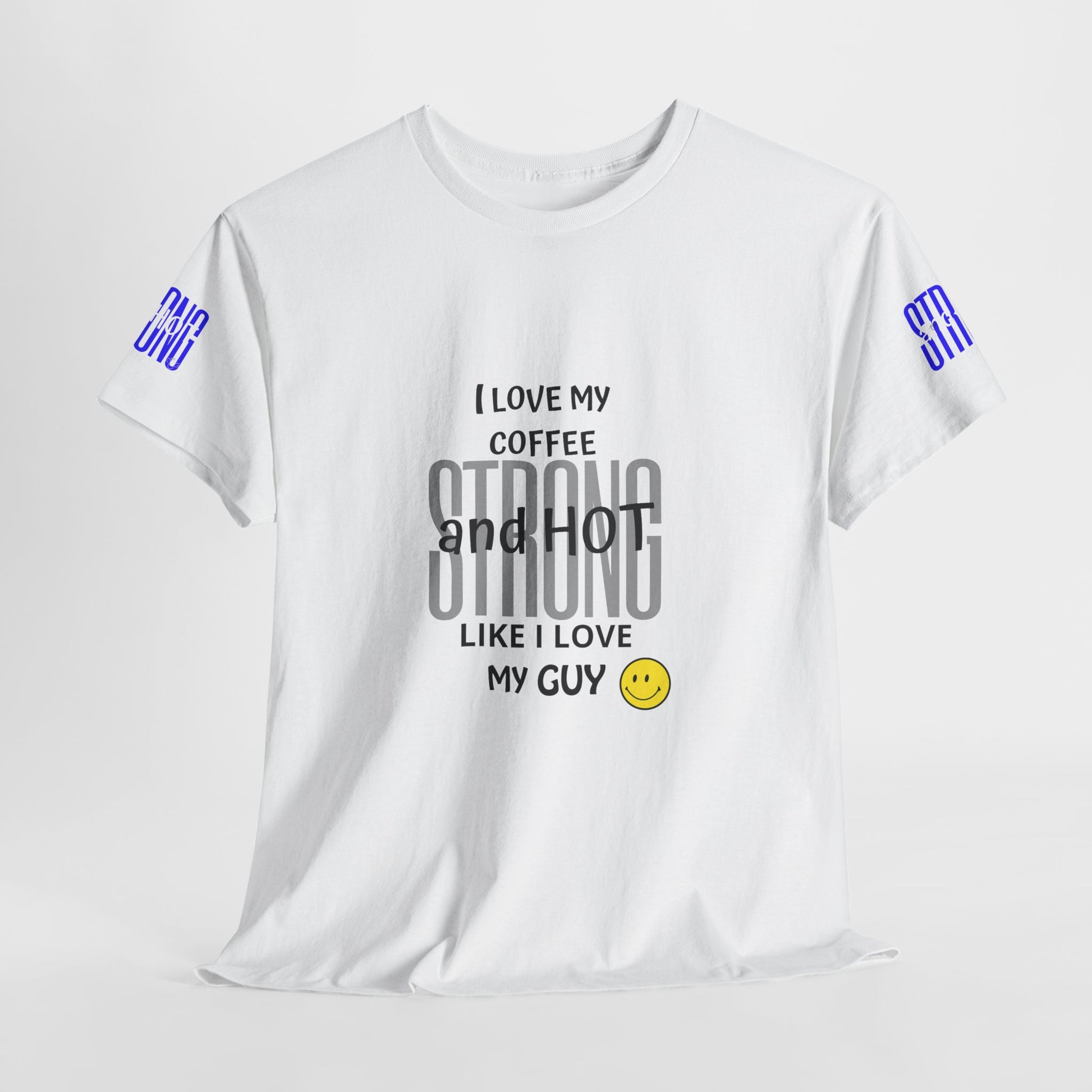 Coffee Lover Heavy Cotton Tee - I Love My Coffee Strong and Hot, White t-shirt with text and smiley face on a white background