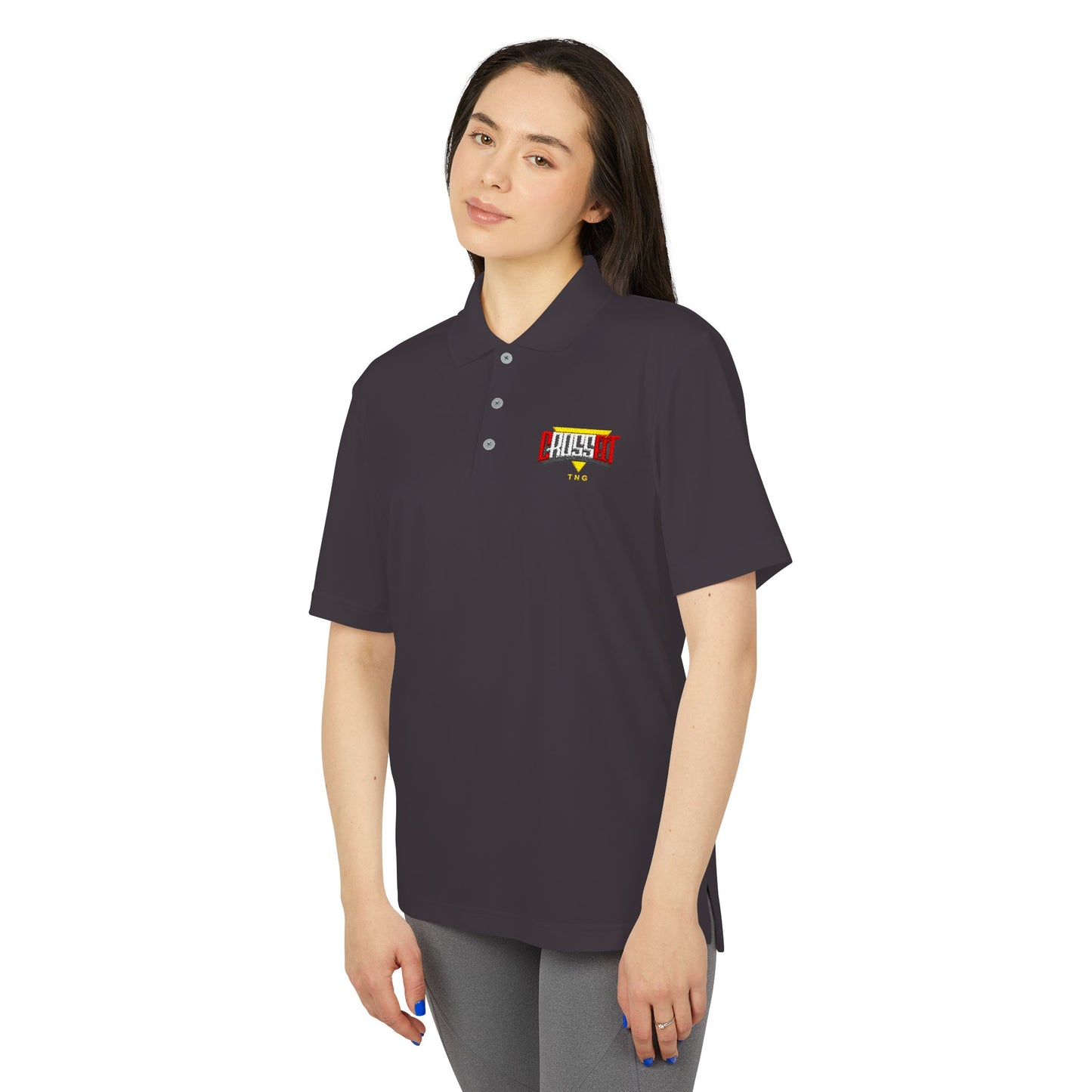 Adidas Sports Polo Shirt for CrossFit Enthusiasts, Woman wearing a black polo shirt with a logo on a white background