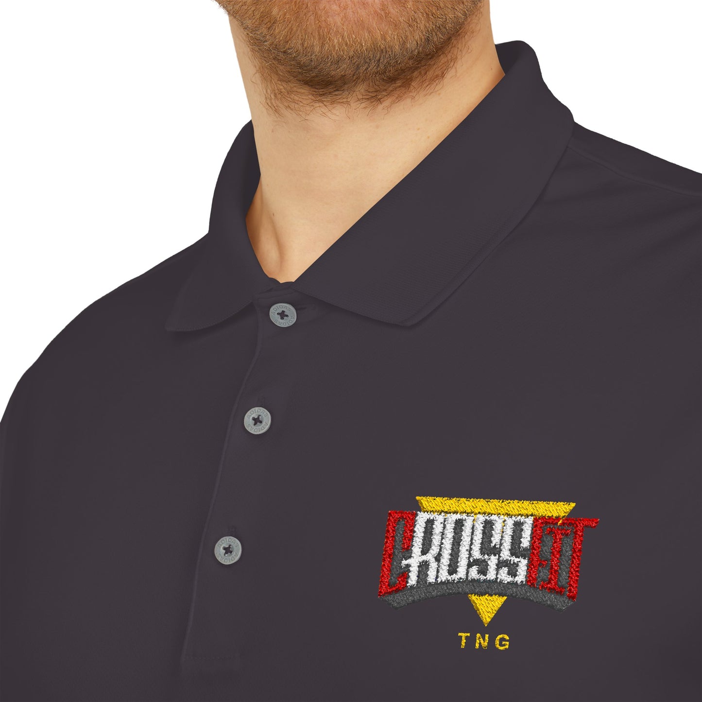 Adidas Sports Polo Shirt for CrossFit Enthusiasts, Black polo shirt with a logo on the chest against a white background