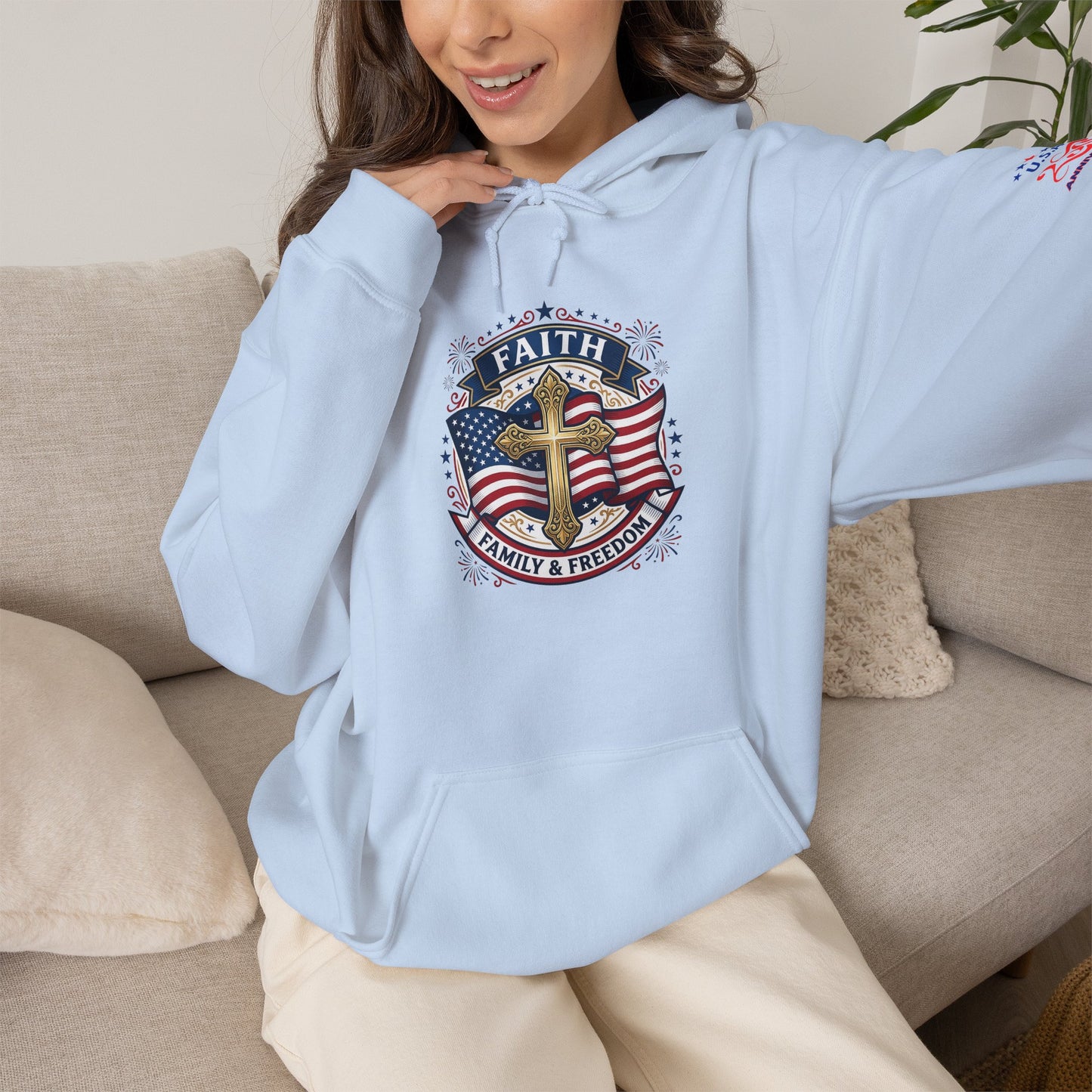 Faith, Family & Freedom Hoodie — Patriotic Cross American Flag Sweatshirt (USA 250th)