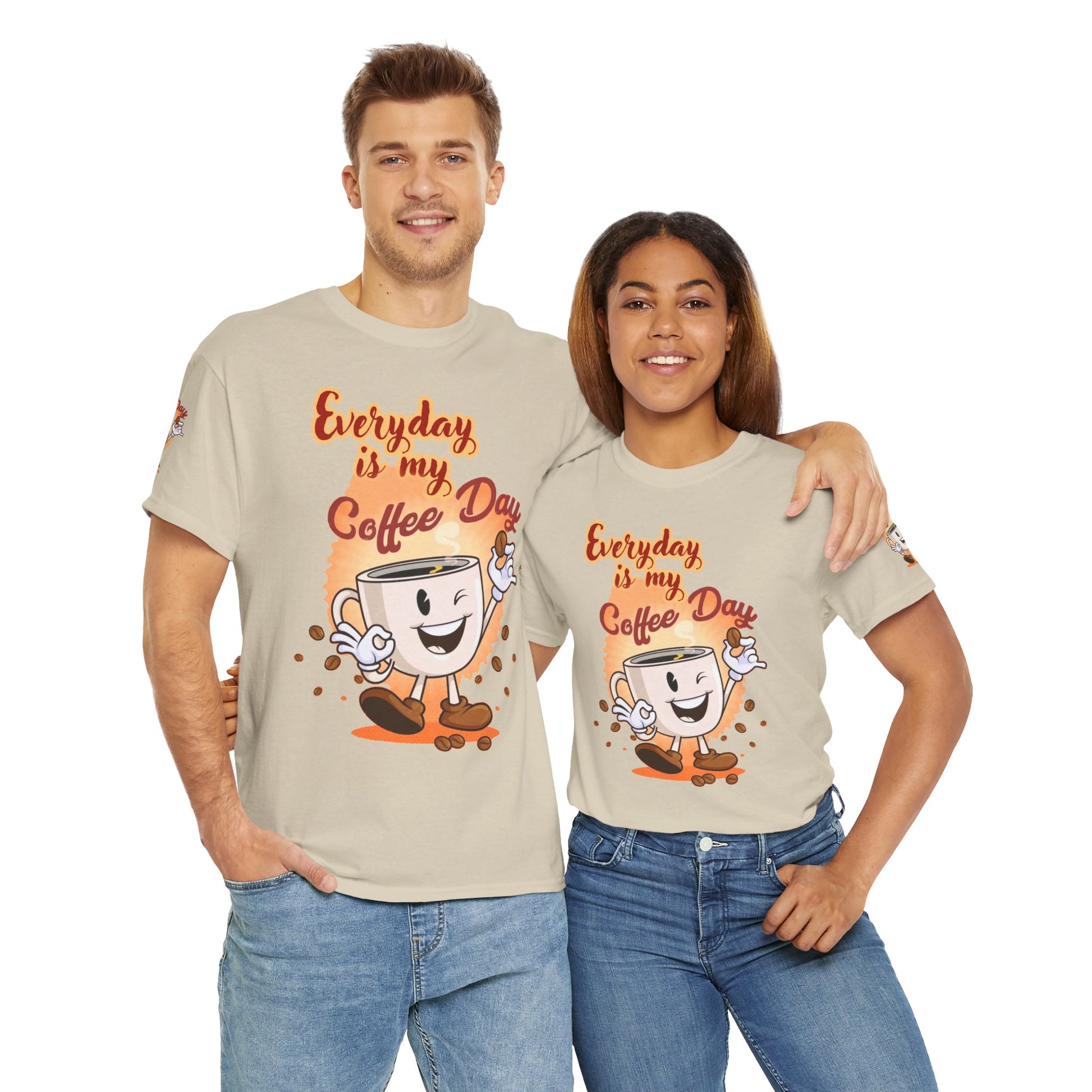 Two people wearing matching t-shirts with a coffee-themed design on a white background