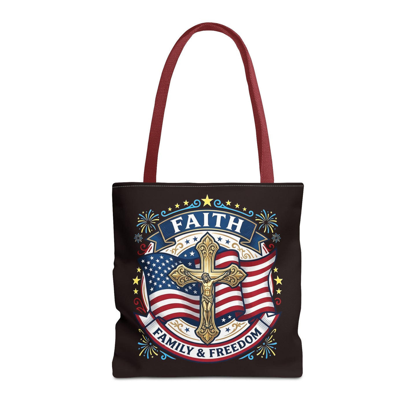 Faith, Family & Freedom Cross Bag — Patriotic American Flag Canvas Tote (USA 250th)