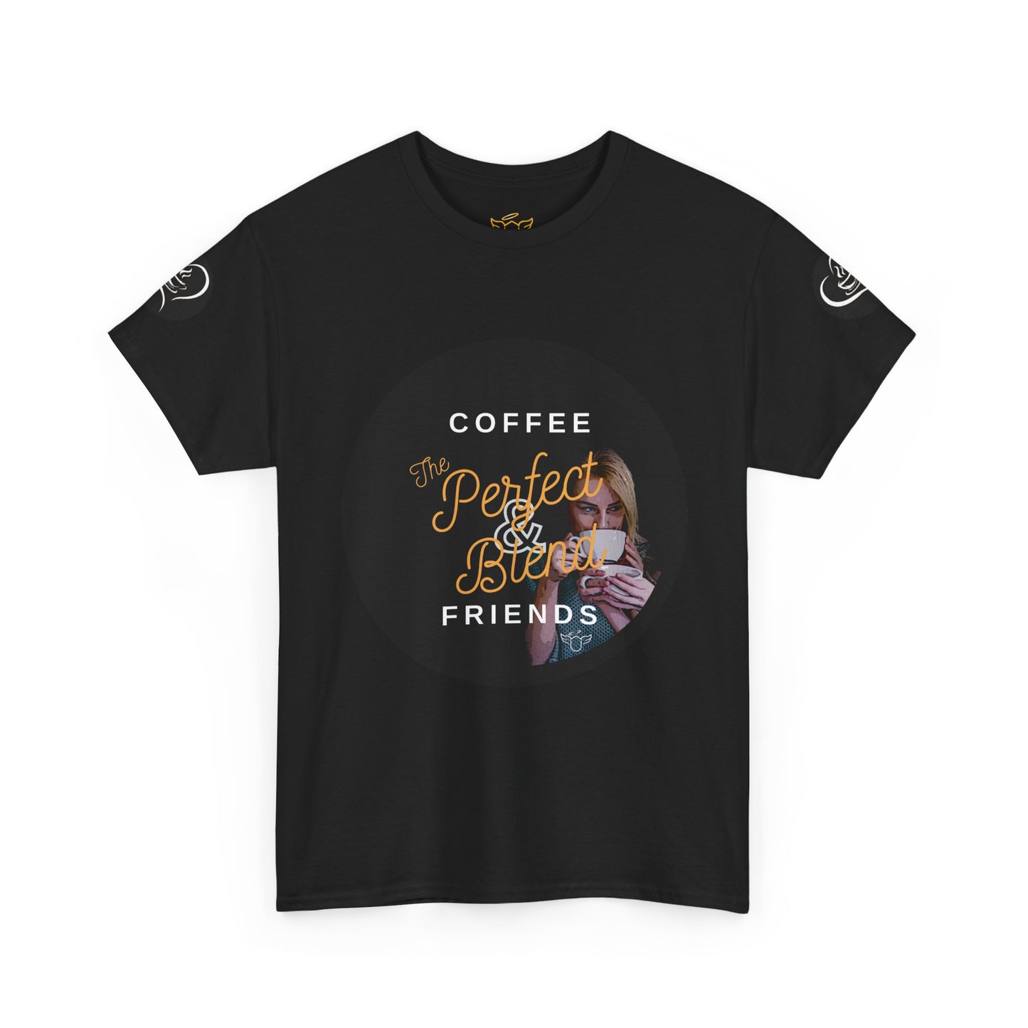 Coffee Lovers Ladies Tee - COFFEE and FRIENDS the Perfect Blend, Black t-shirt with graphic design and text on a white background
