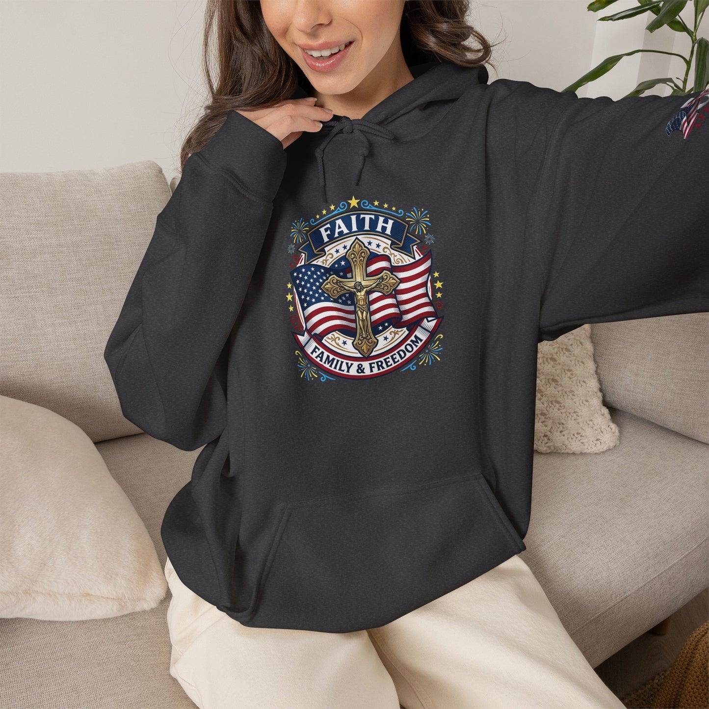 Catholic Faith, Family & Freedom Hoodie — American Flag Cross Patriotic Pullover (USA 250th)