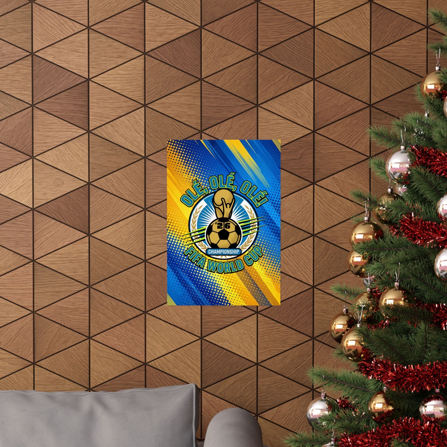Decorative banner with logo on a wooden wall next to a Christmas tree