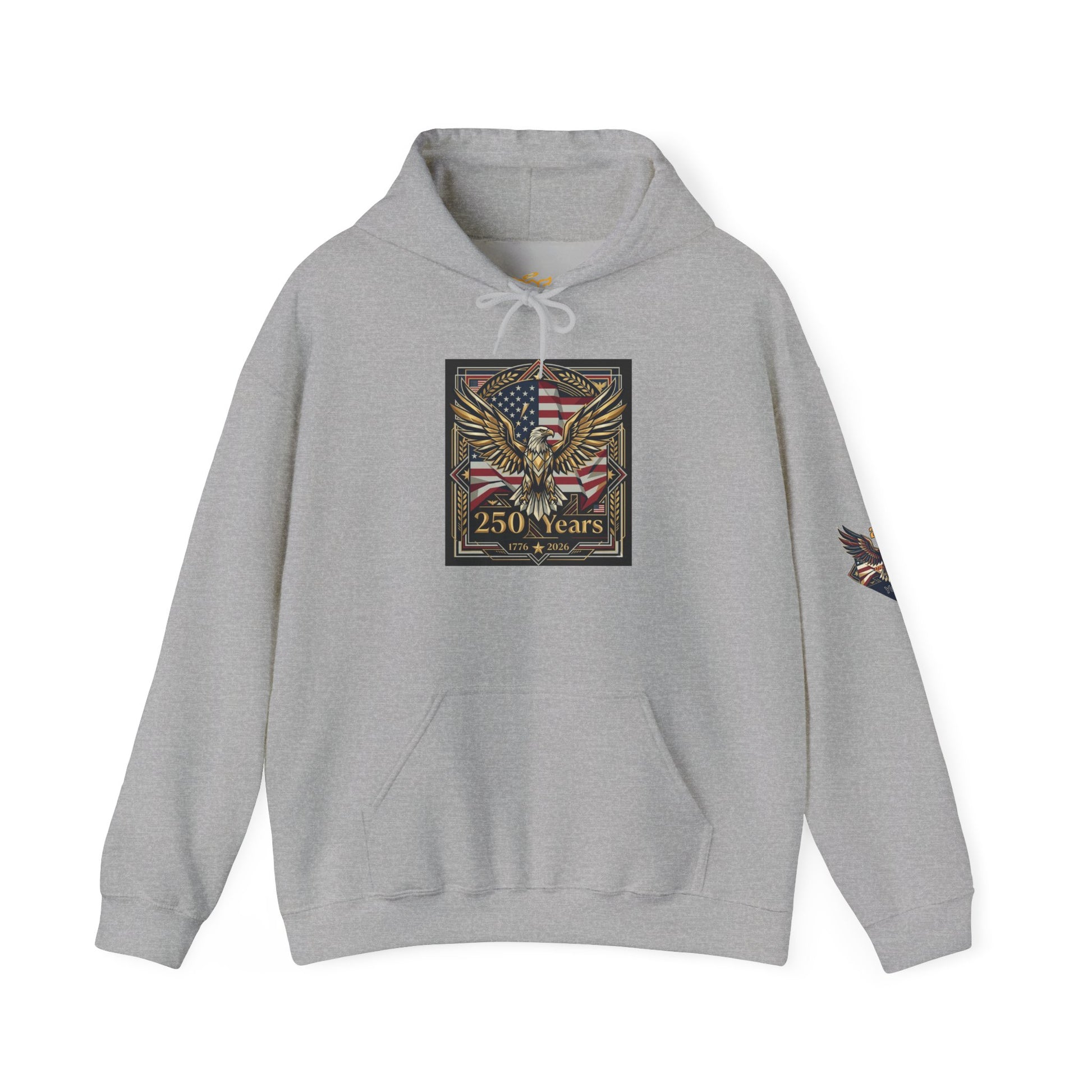 America 250 Years of Freedom Hoodie, Gray hoodie with eagle and American flag design on a white background
