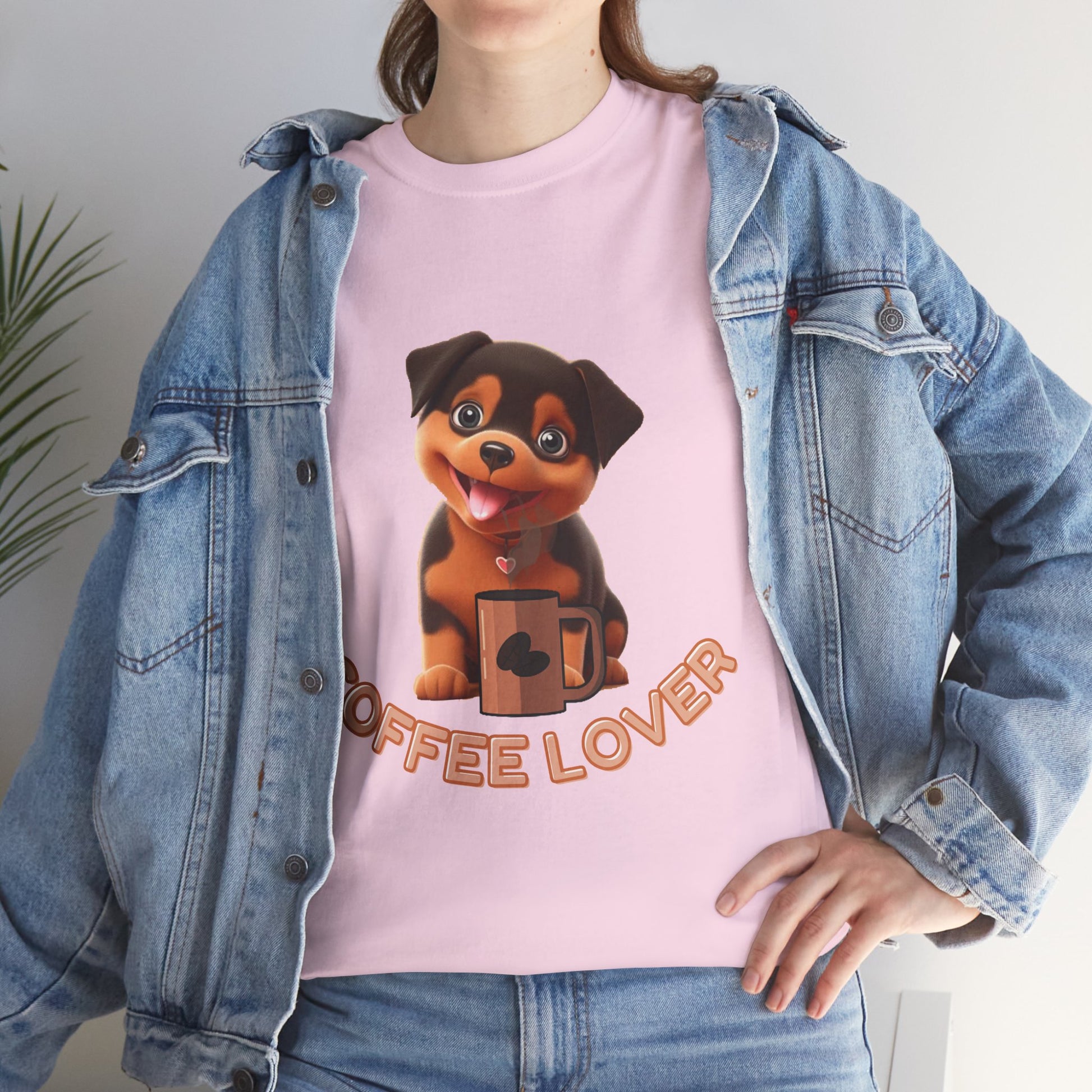 COFFEE LOVERS COTTON TEE for Dog Lovers. Person wearing a pink t-shirt with a dog graphic and 'Coffee Lover' text, paired with a denim jacket.