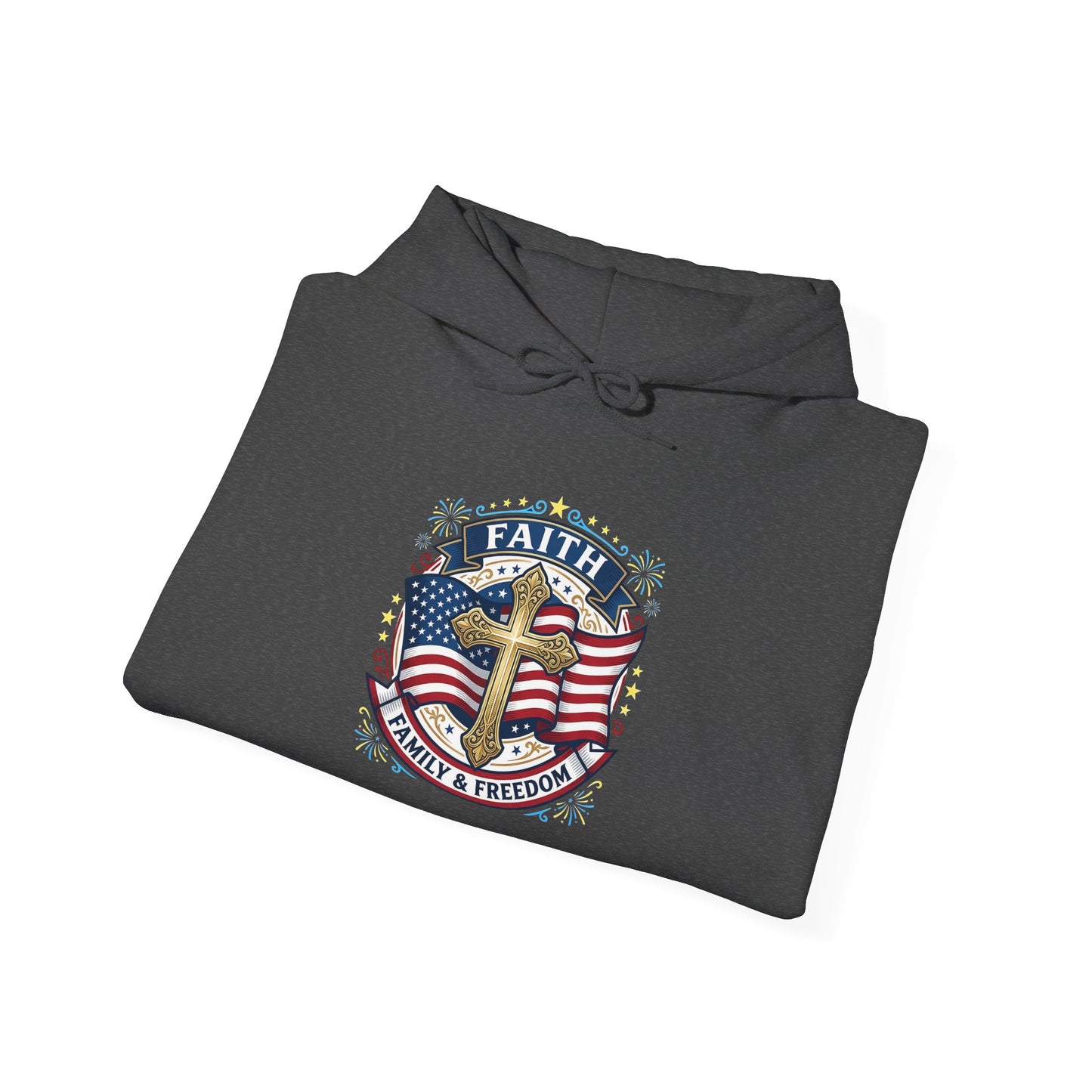 Faith, Family & Freedom Hoodie — Patriotic Cross American Flag Sweatshirt (USA 250th)
