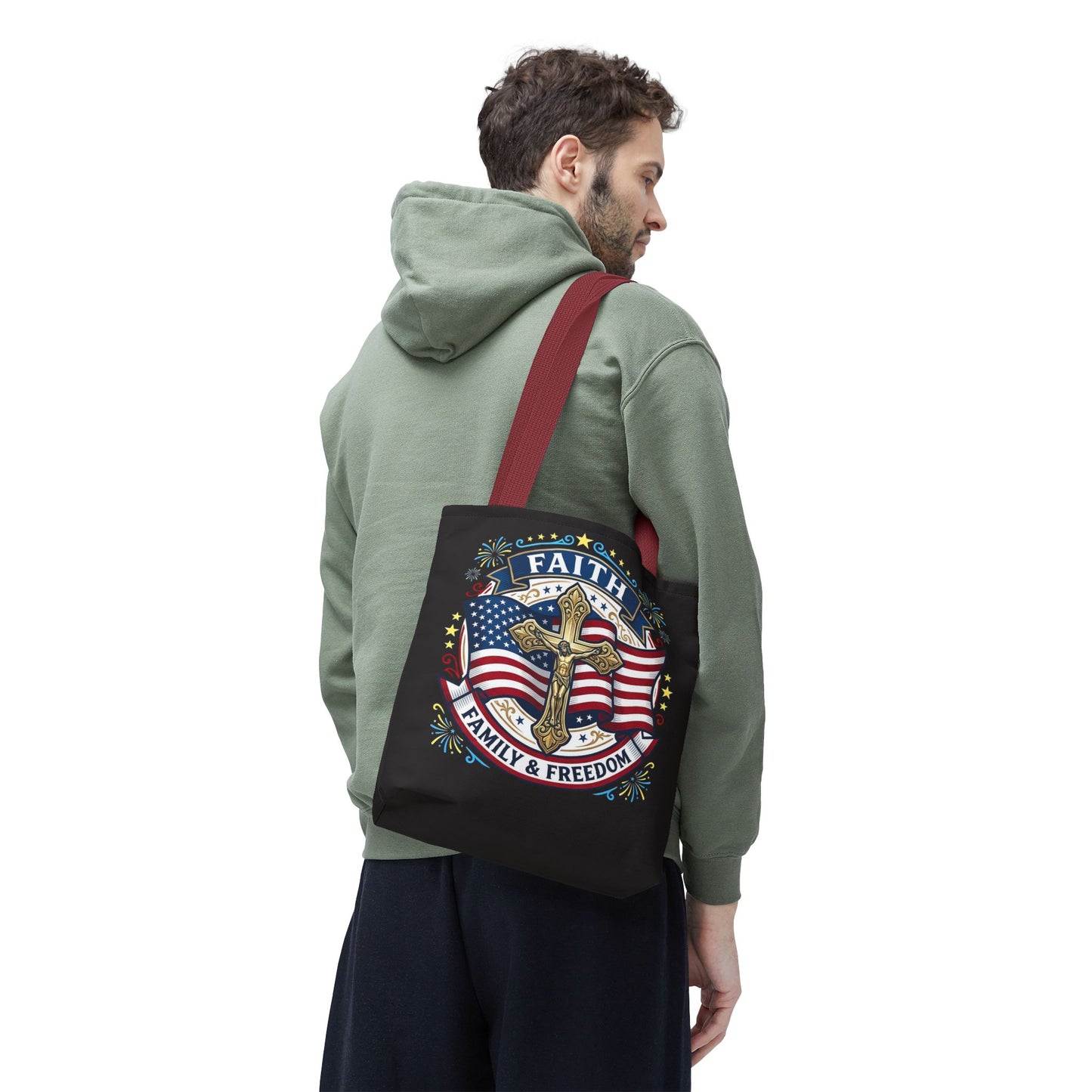 Faith, Family & Freedom Cross Bag — Patriotic American Flag Canvas Tote (USA 250th)