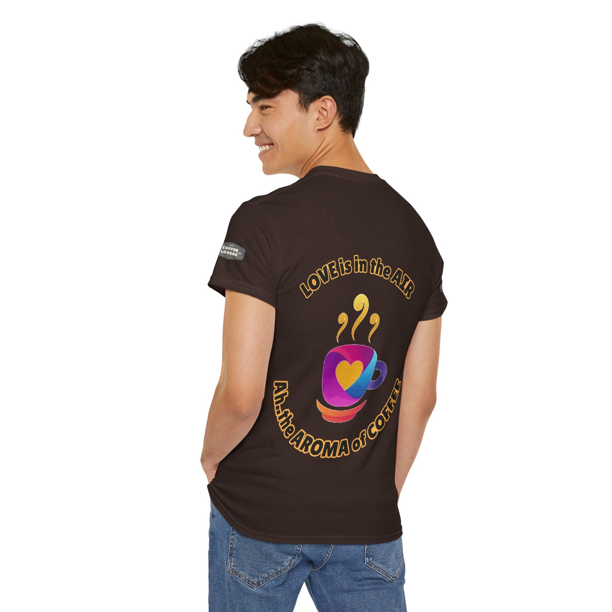 Coffee Lovers Tee with Quote - 'Love is in the Air Ah.. the Aroma of Coffee',  Person wearing a brown t-shirt with a colorful design and text on the back