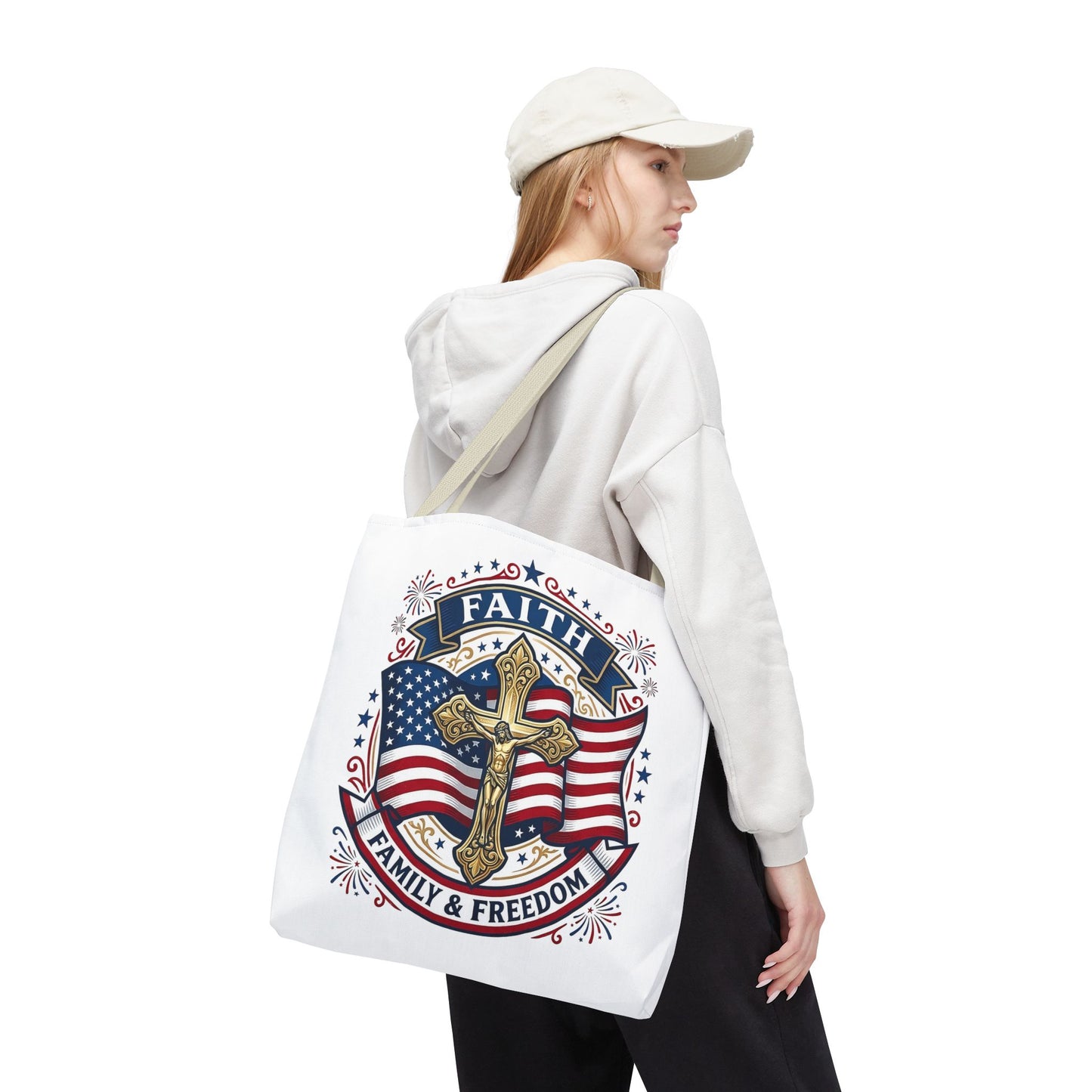 Faith, Family & Freedom Tote Bag — Patriotic Cross American Flag Tote (USA 250th)