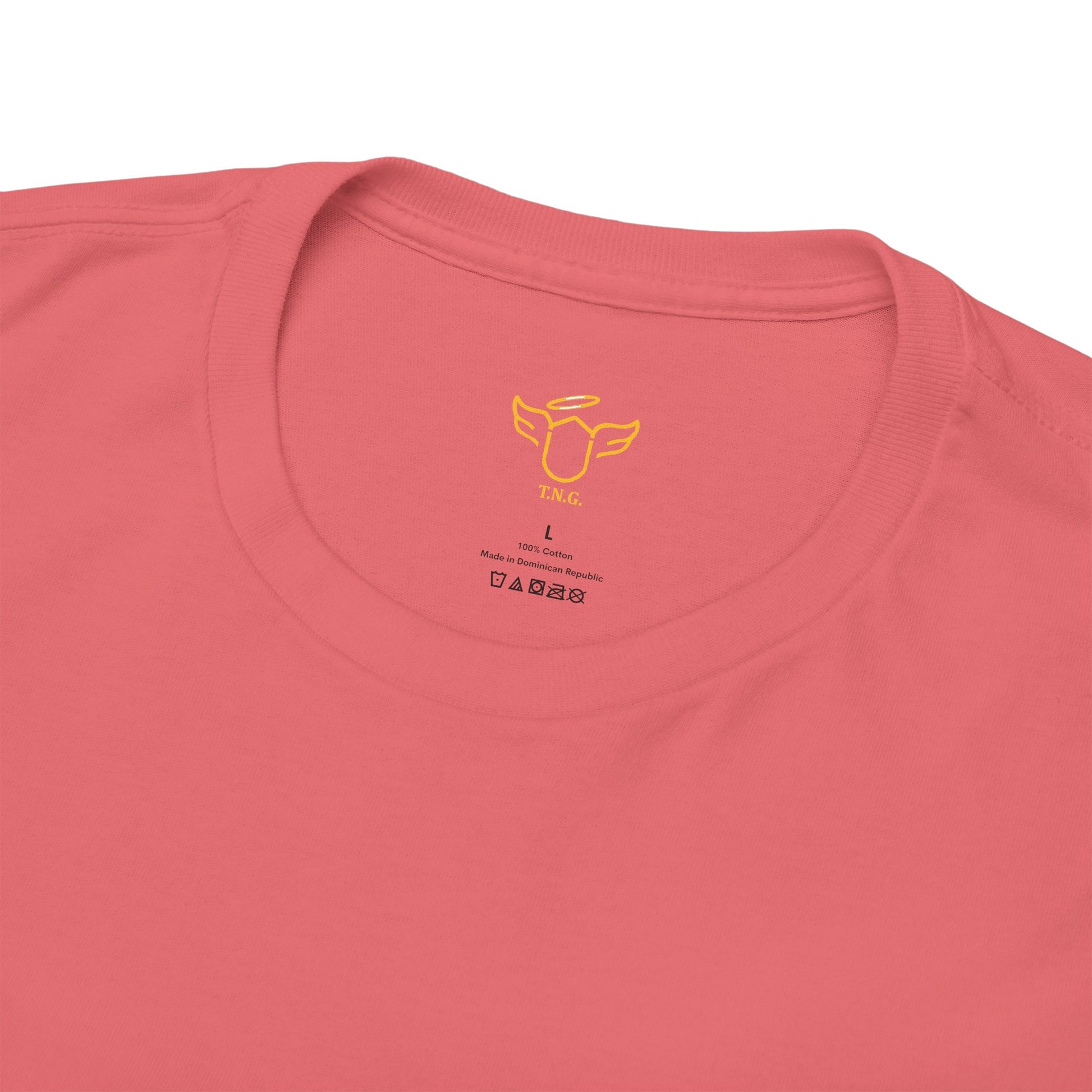 Lunar New Year Fiery Horse Novelty T-Shirt, Close-up of a pink t-shirt with a logo and text on the collar area.