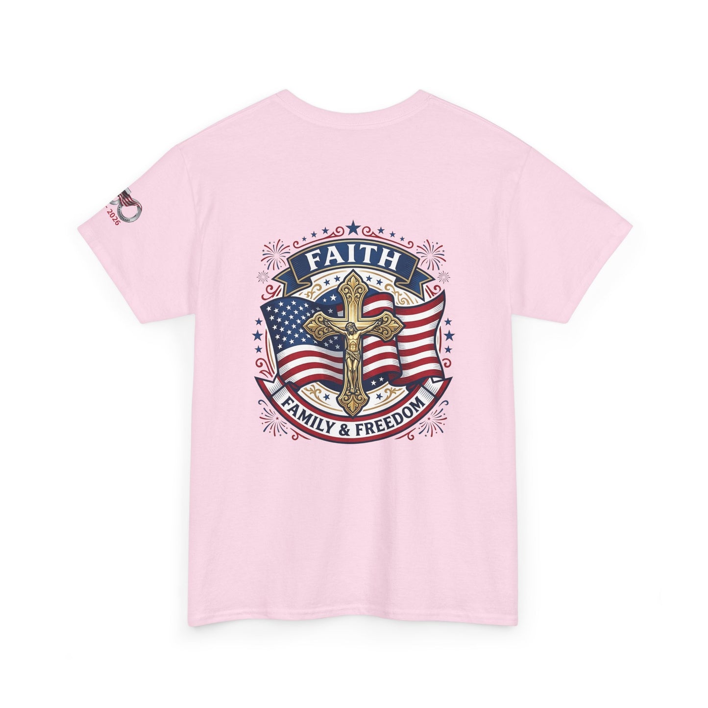 Catholic Faith, Family & Freedom T‑Shirt — Patriotic Cross American Flag Tee (USA 250th)