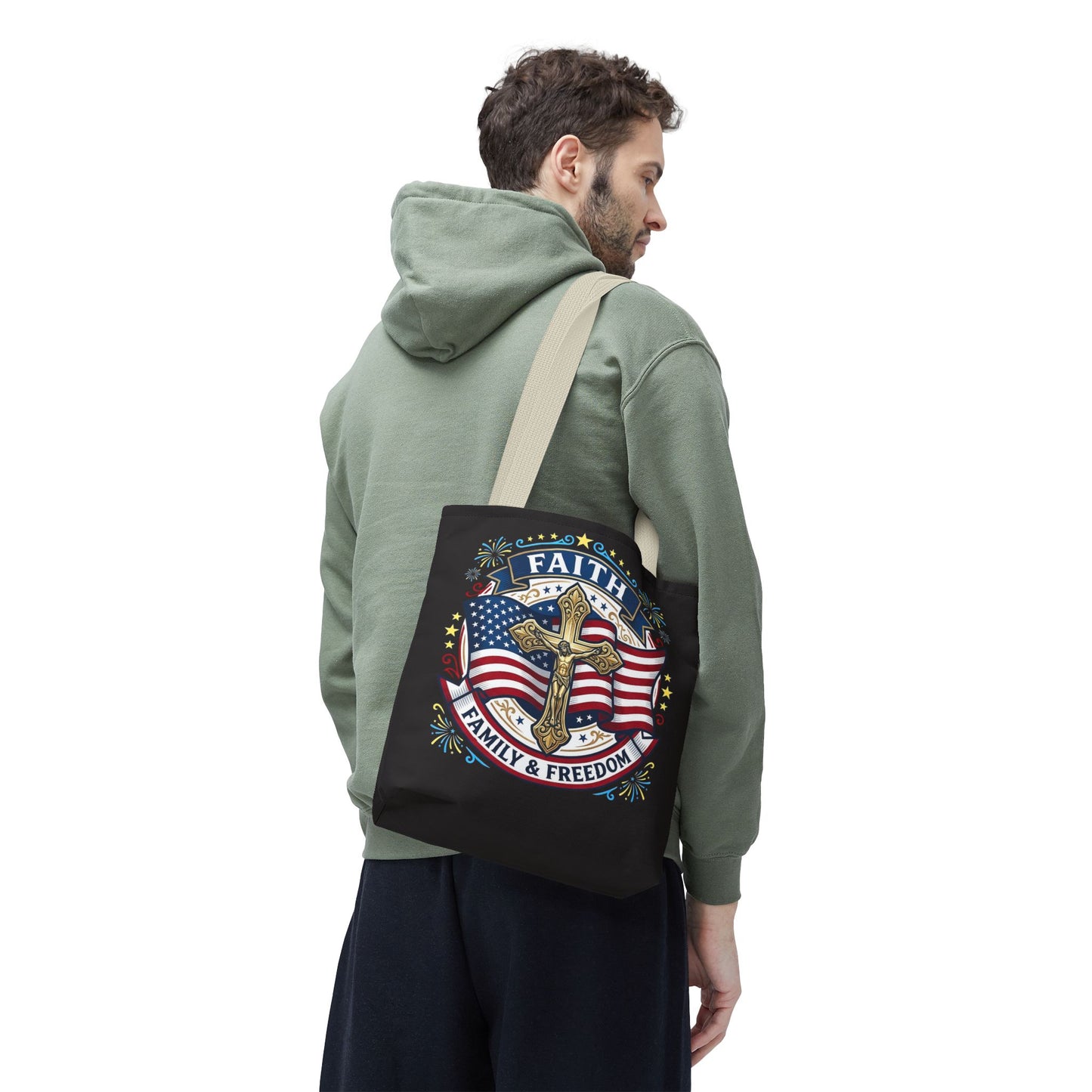 Faith, Family & Freedom Cross Bag — Patriotic American Flag Canvas Tote (USA 250th)
