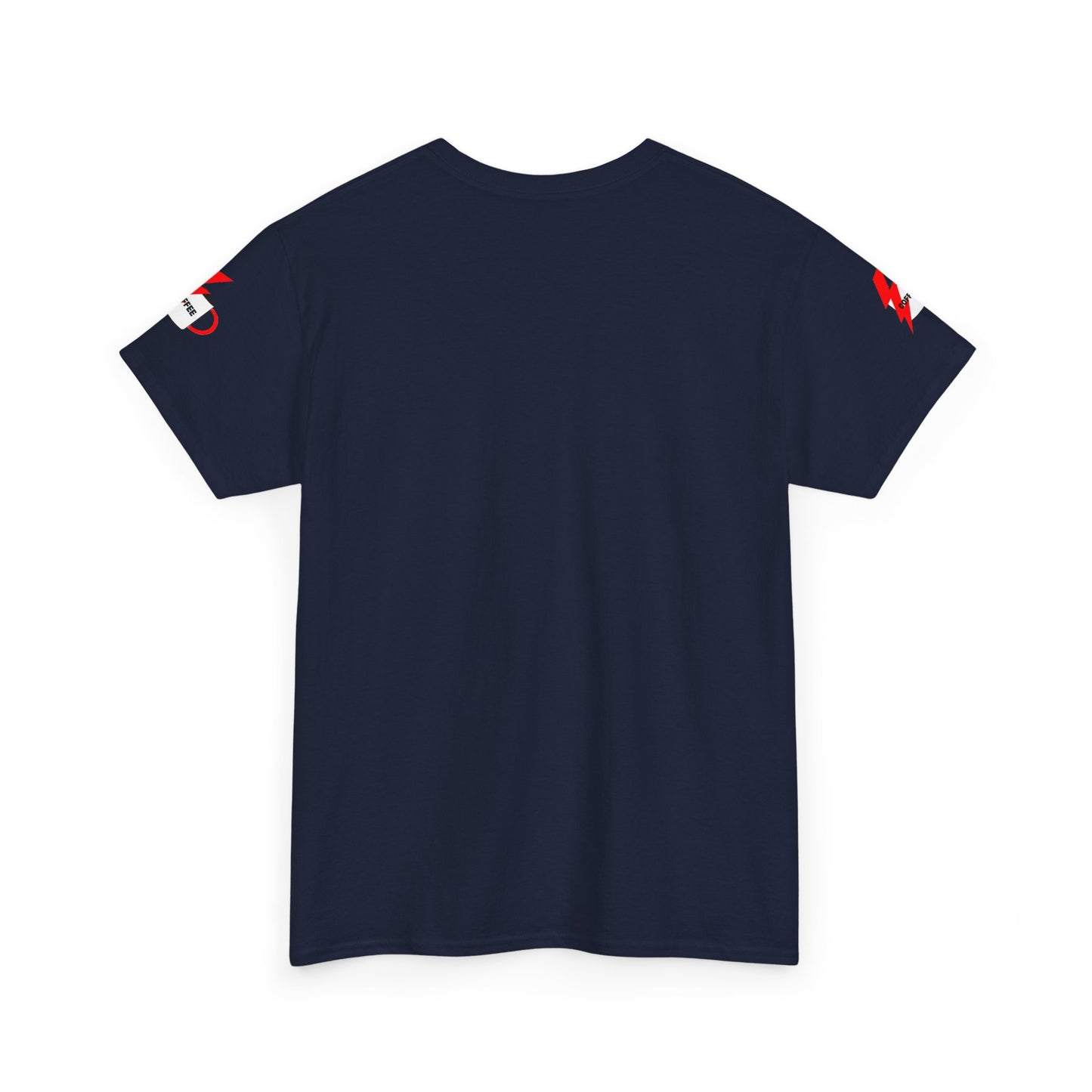 Coffee Lovers Cotton T-shirt - Powered by Coffee. Navy blue t-shirt with red and white accents on a white background