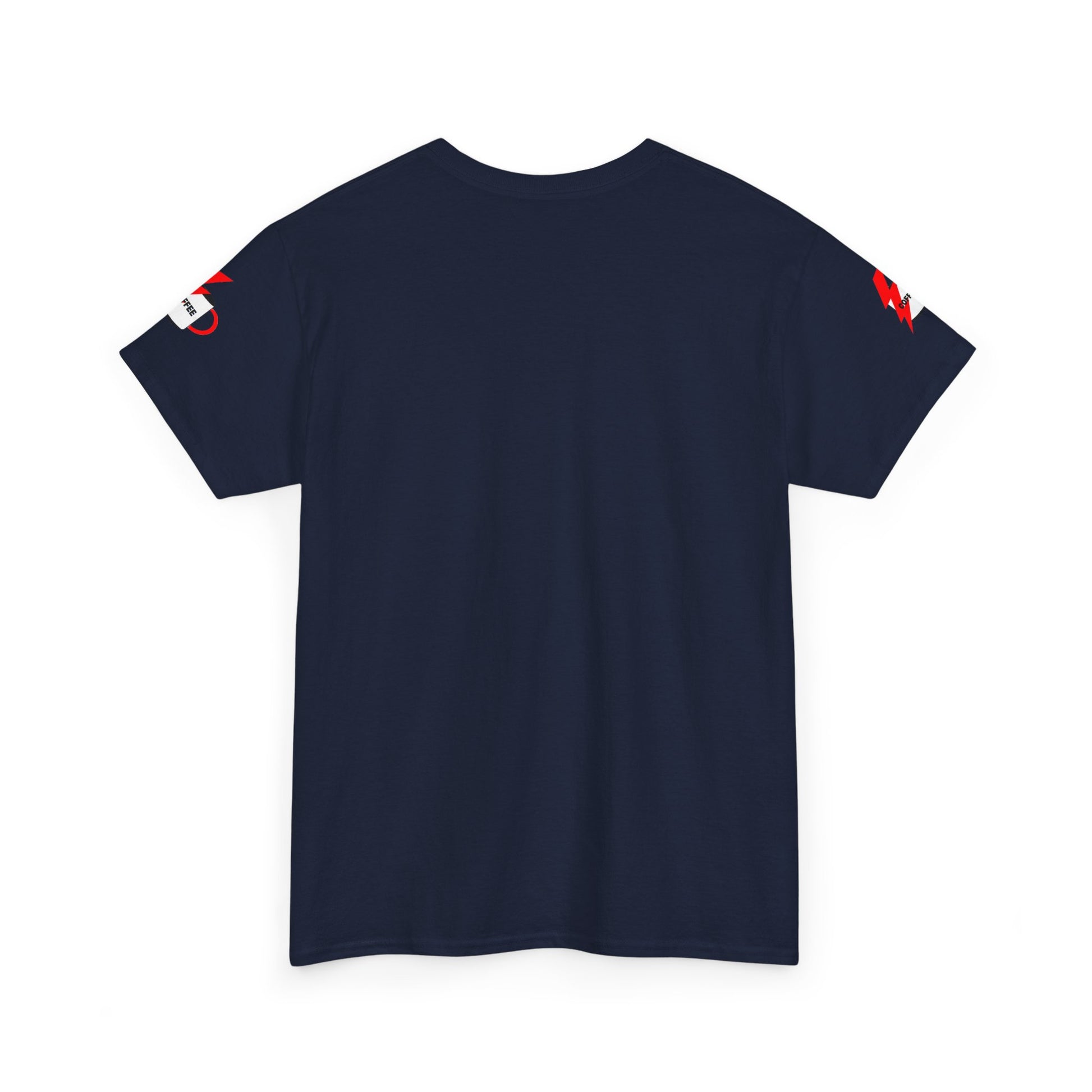 Coffee Lovers Cotton T-shirt - Powered by Coffee. Navy blue t-shirt with red and white accents on a white background