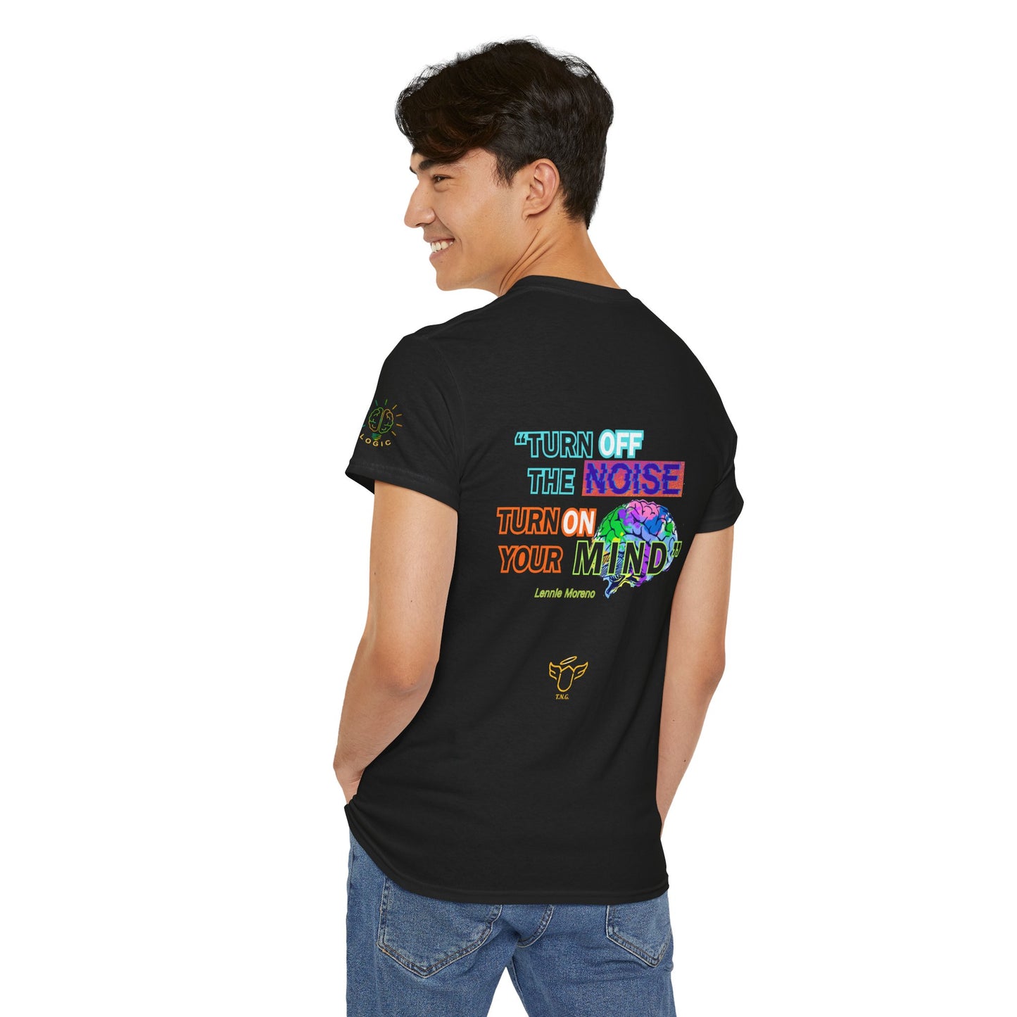 Novelty Tee - "Turn Off the Noise, Turn On Your Mind Tee" — Motivational Graphic Slogan,  Person wearing a black t-shirt with colorful text and graphics on the back.