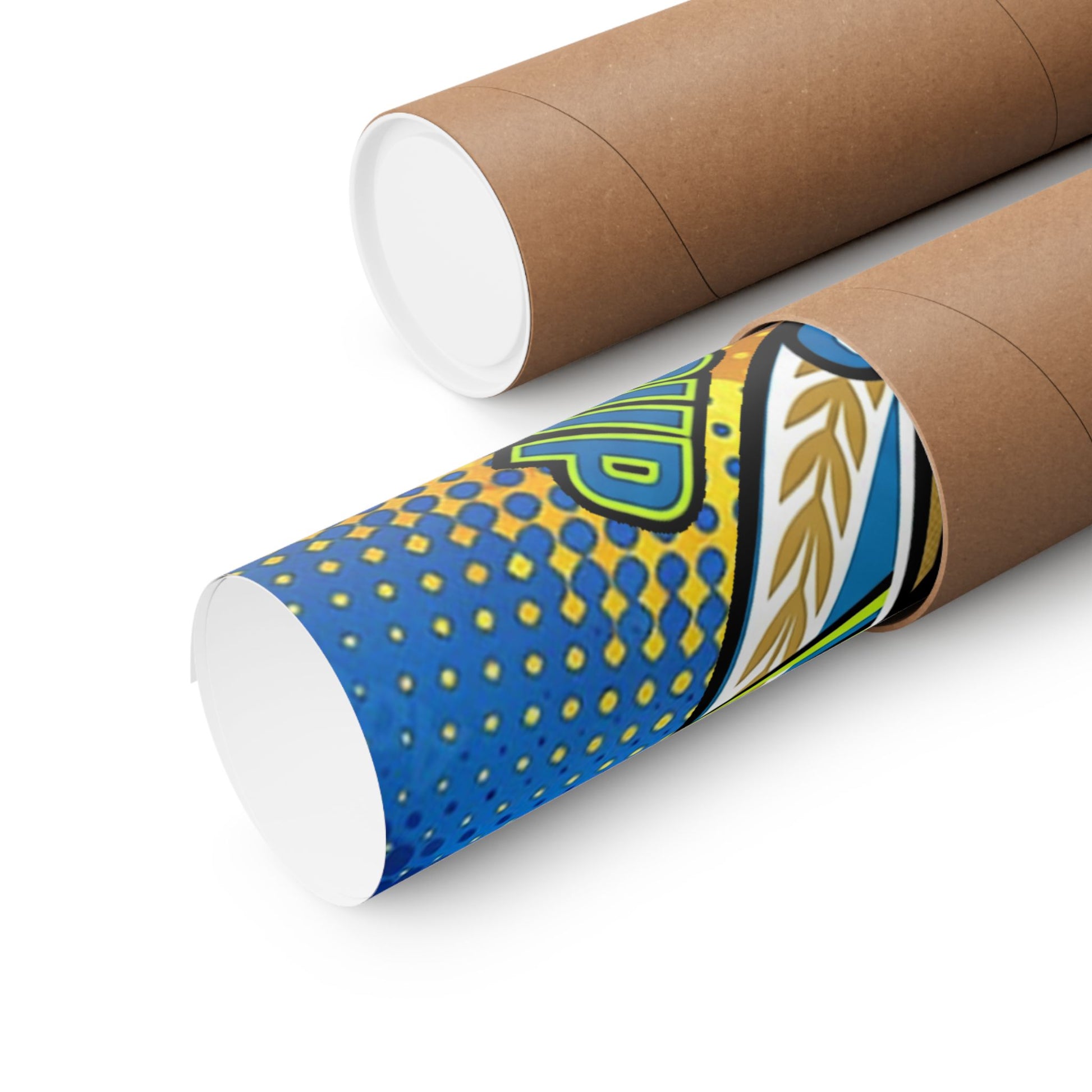 Decorative paper roll with blue and yellow pattern on a white background