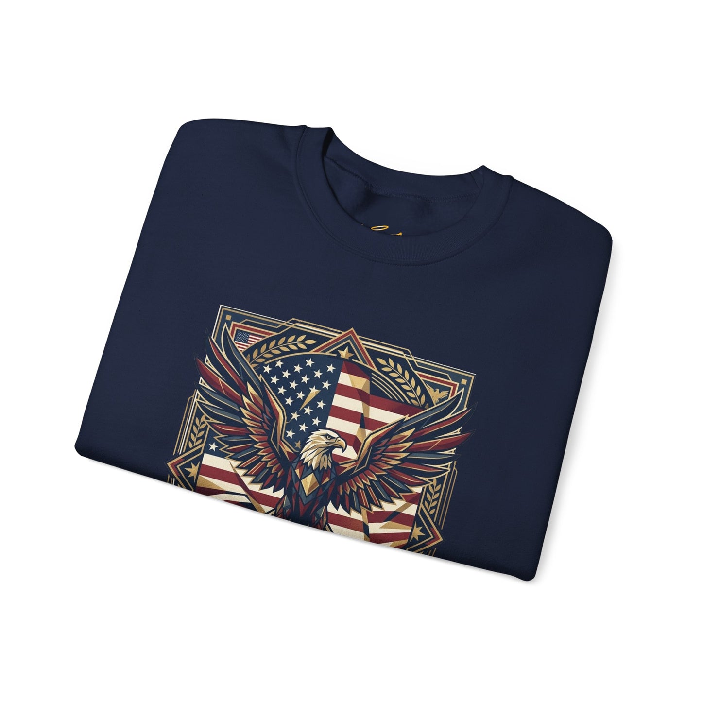 USA 250th ANNIVERSARY Crewneck Sweatshirt , Folded navy blue sweatshirt with an eagle and American flag design on a white background