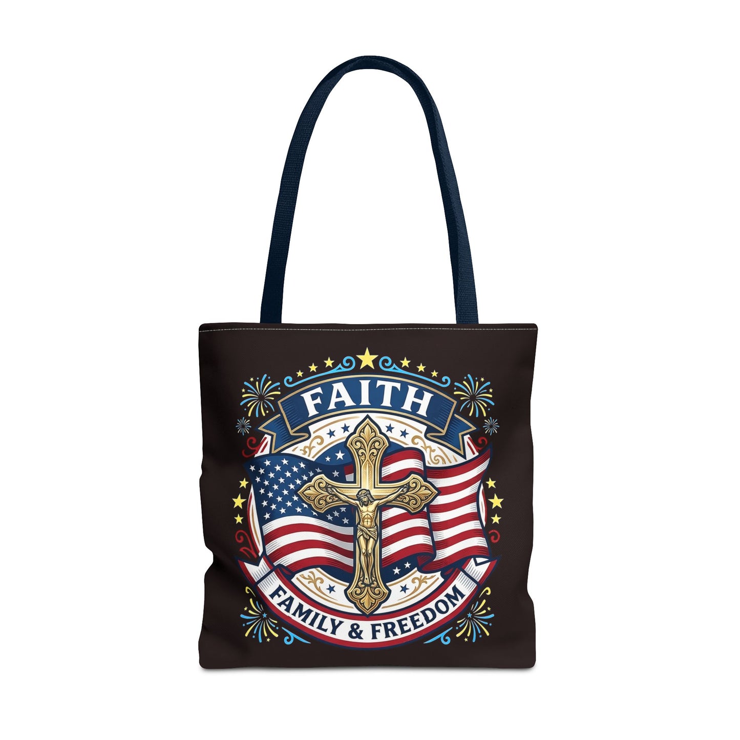 Faith, Family & Freedom Cross Bag — Patriotic American Flag Canvas Tote (USA 250th)
