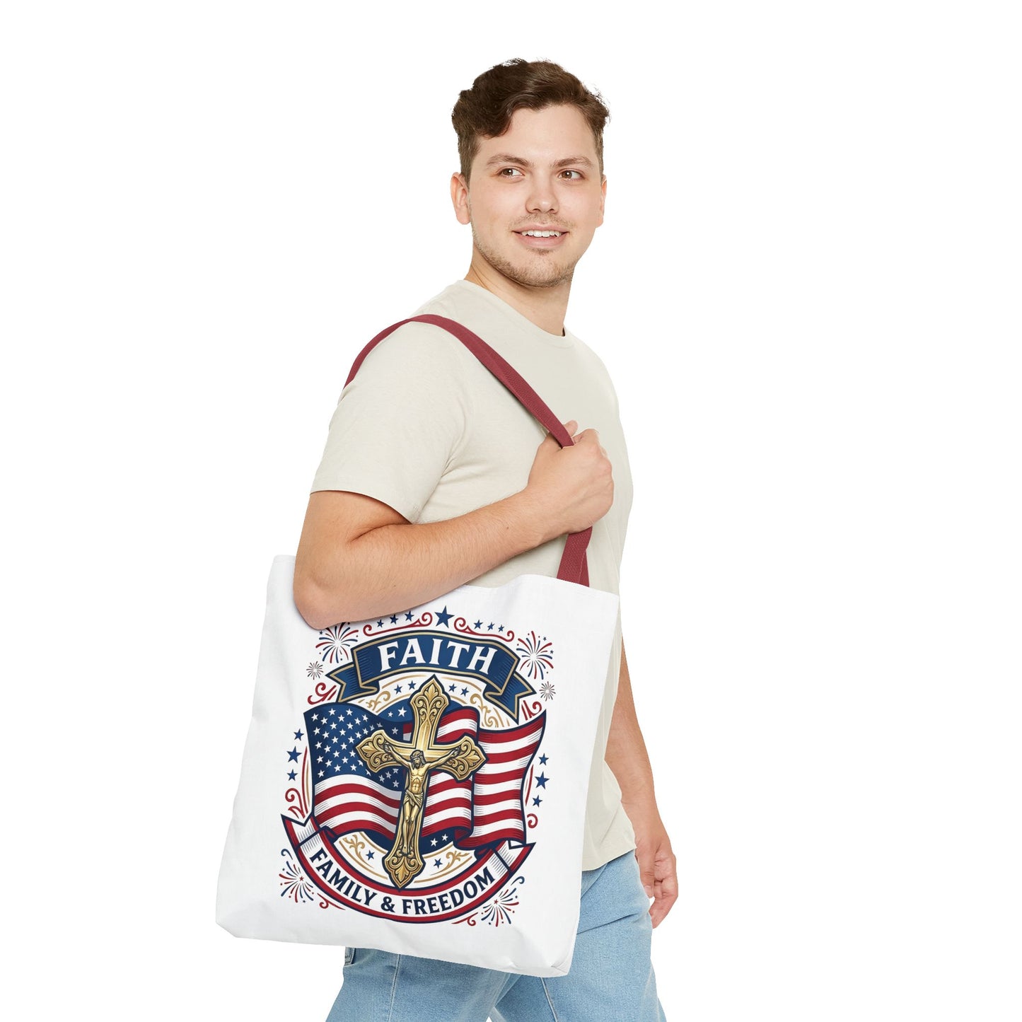 Faith, Family & Freedom Tote Bag — Patriotic Cross American Flag Tote (USA 250th)