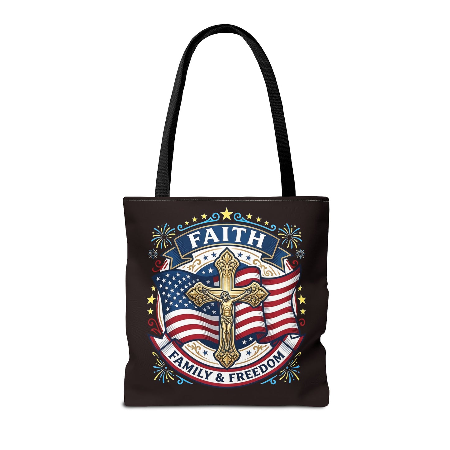 Faith, Family & Freedom Cross Bag — Patriotic American Flag Canvas Tote (USA 250th)