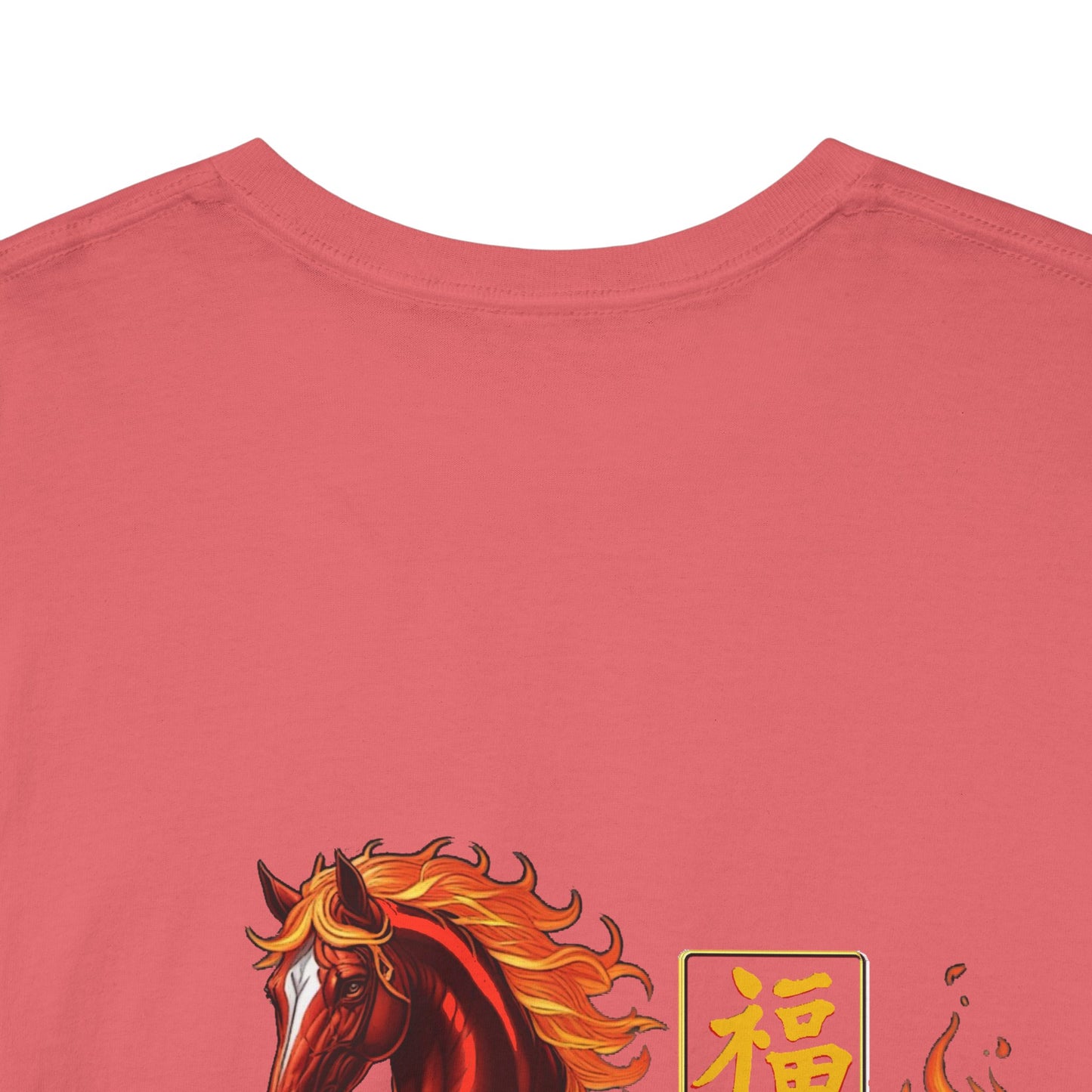 Lunar New Year Fiery Horse Novelty T-Shirt, Red t-shirt with a horse graphic and Chinese characters on a white background
