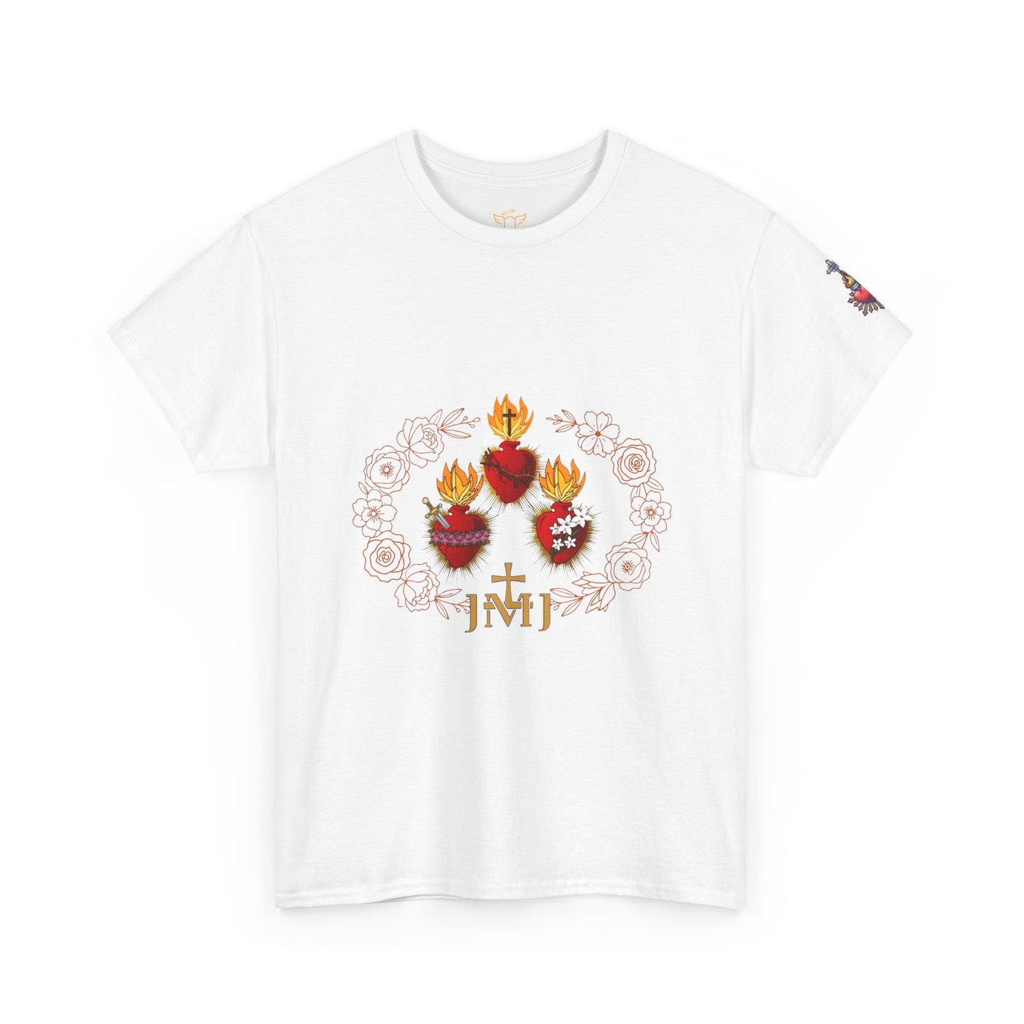 Sacred Hearts Tee — Three Flaming Hearts with JMJ Cross (CT)