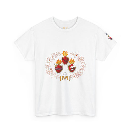 Sacred Hearts Tee — Three Flaming Hearts with JMJ Cross (CT)