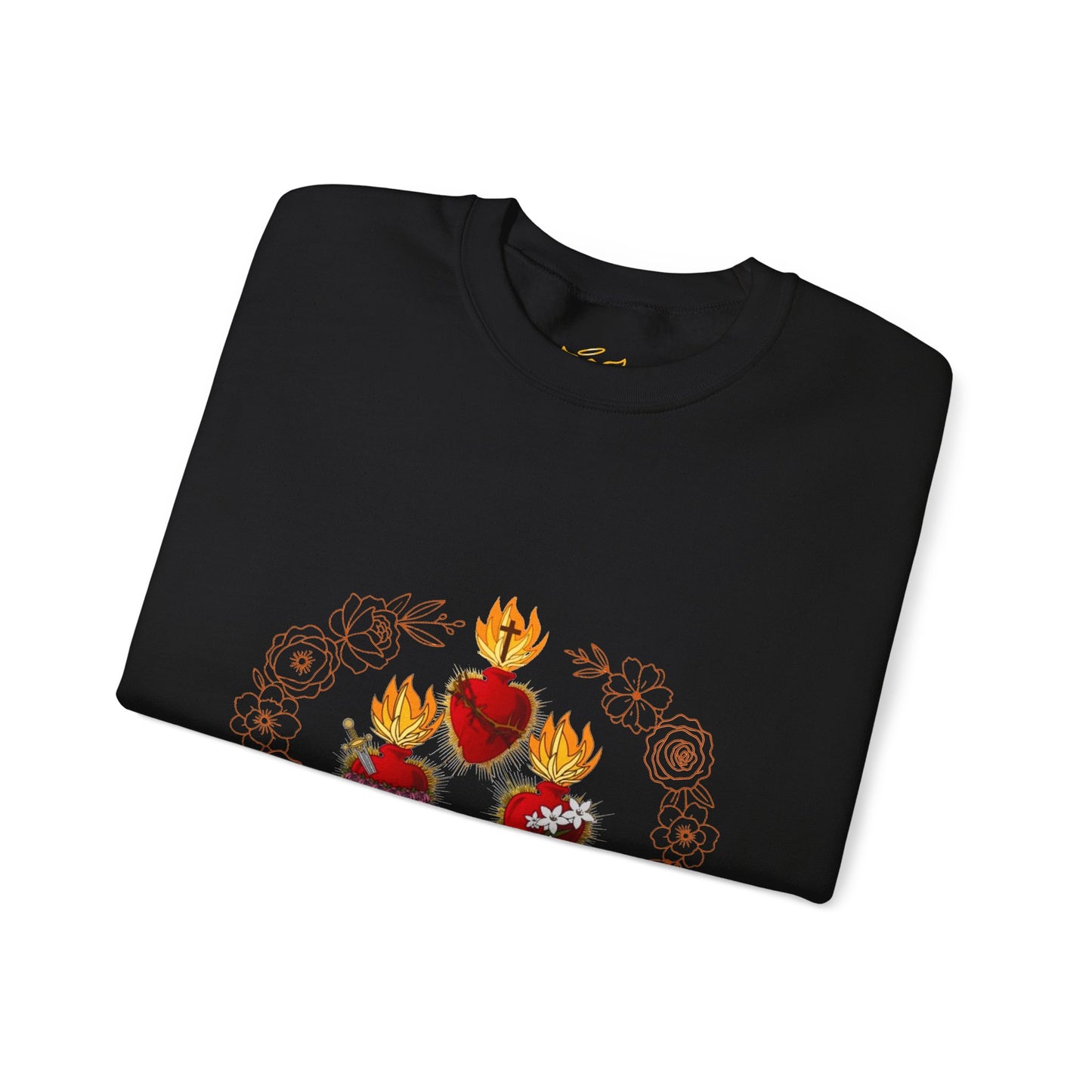 Sacred Hearts Crewneck Sweatshirt — Three Flaming Hearts with JMJ Cross (CT)