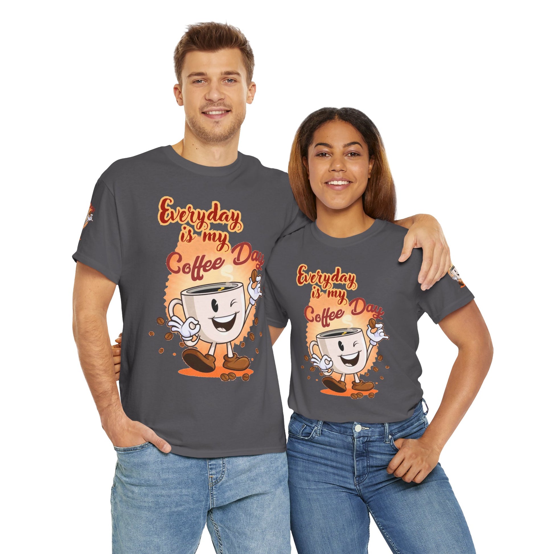 Two people wearing matching gray t-shirts with a coffee-themed design on a white background, Coffee Lovers Cotton Tee - Every Day is My Coffee day 