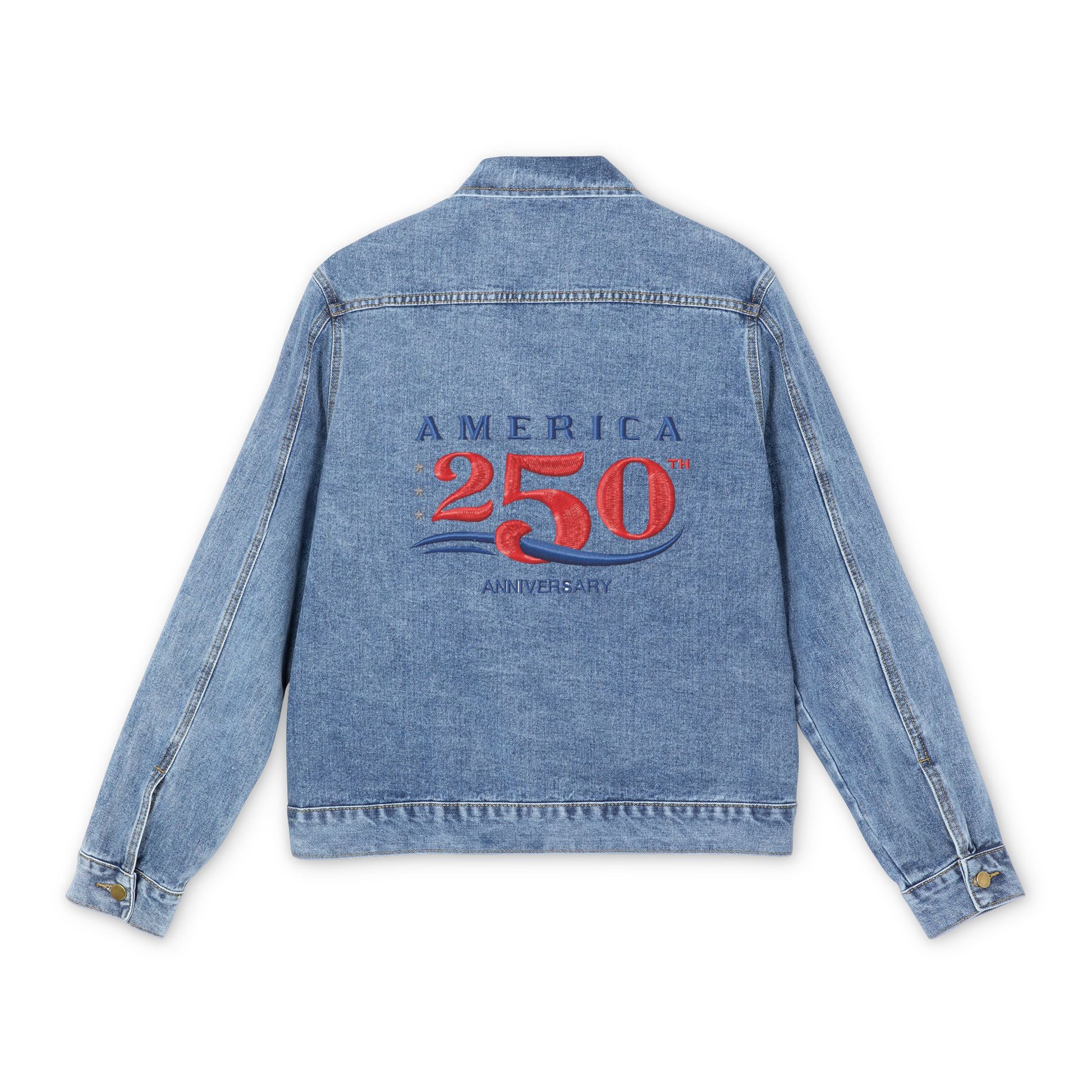 USA 250th ANNIVERSARY Trucker Denim Jacket — 'America 250' Vintage Patriotic Back Print - Trending Novelties & Gifts
