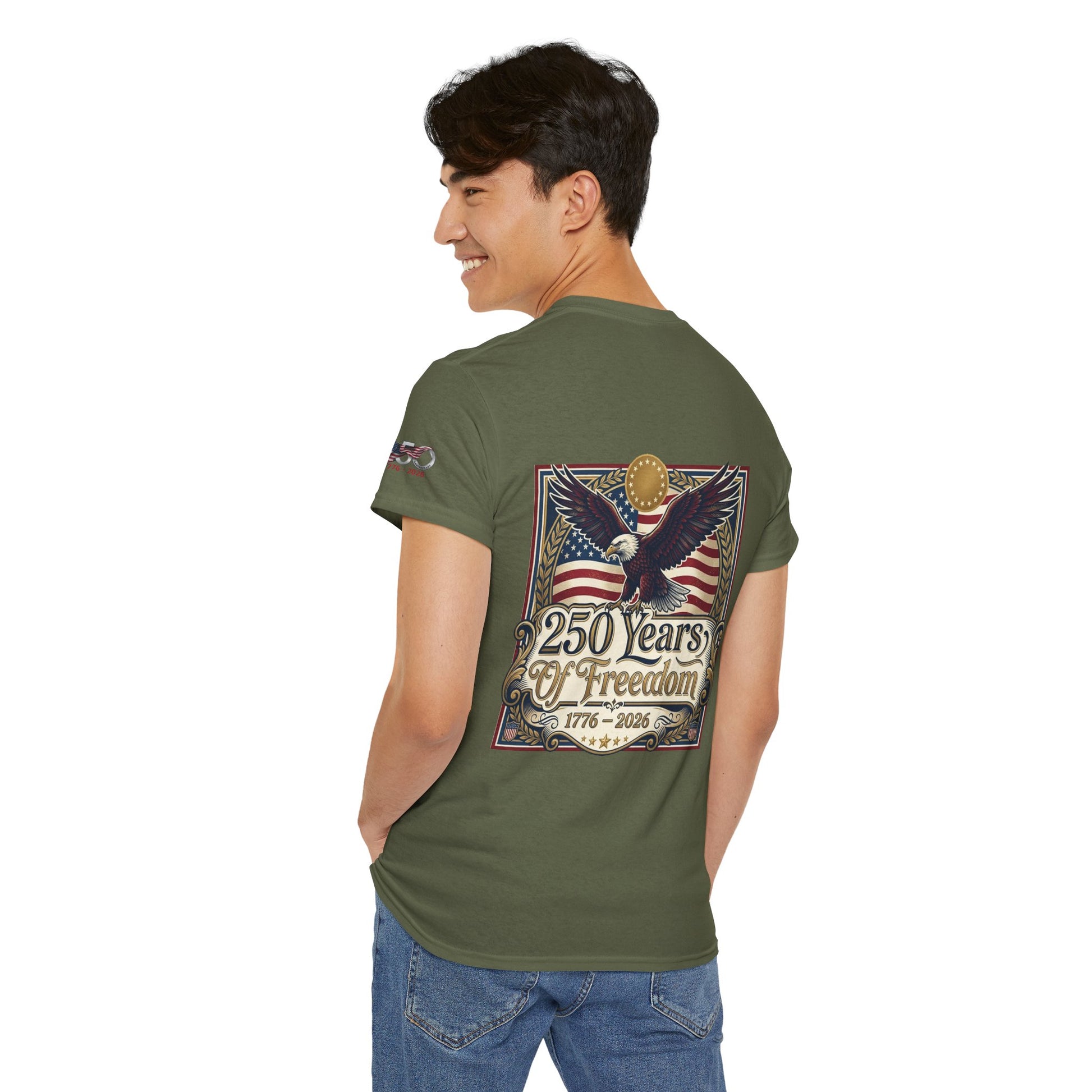 250 Years of Freedom T-Shirt — USA 250TH Anniversary Patriotic Eagle Tee, Person wearing a green t-shirt with a graphic design on the back, featuring an eagle and American flag, on a white background.