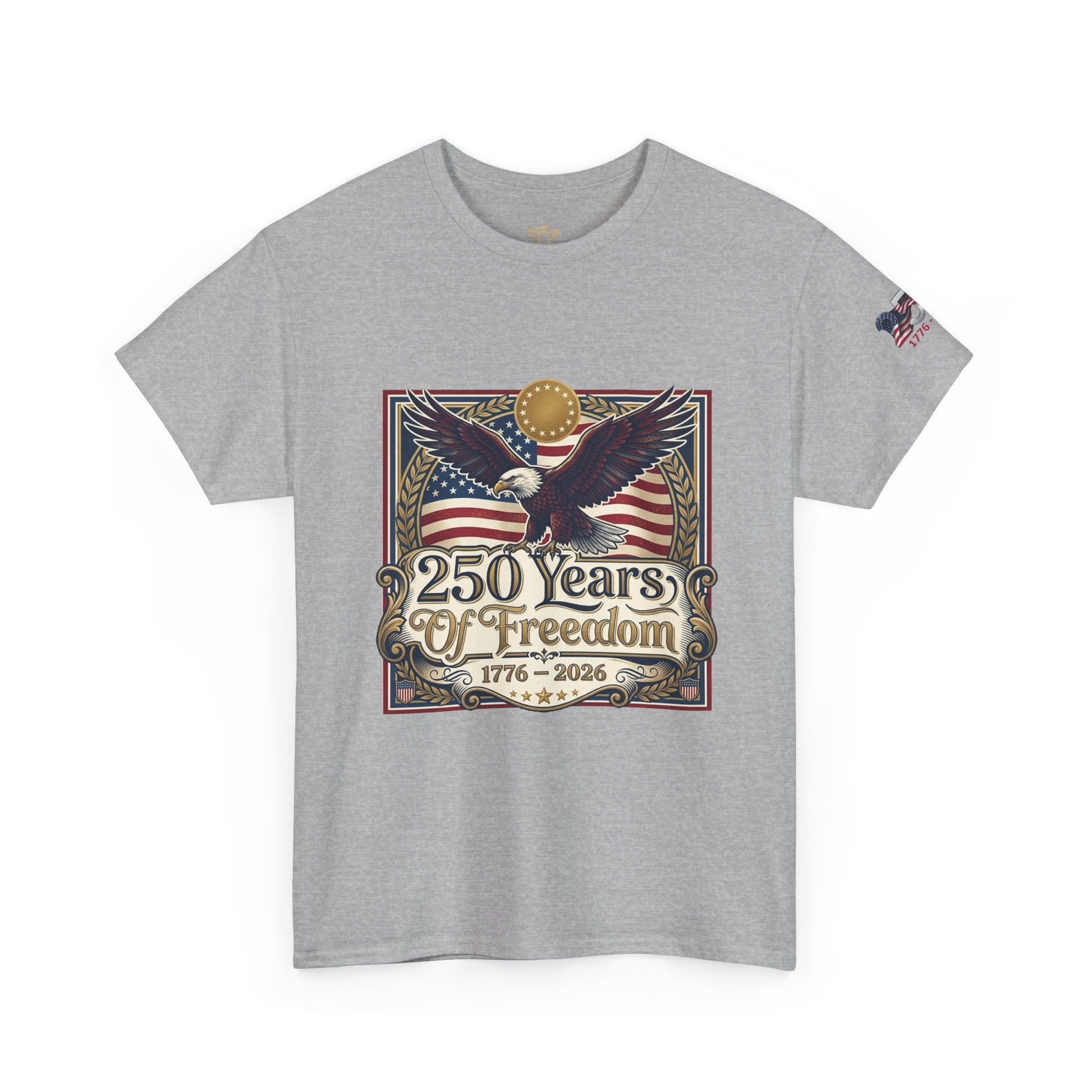 250 Years of Freedom T-Shirt — USA 250TH Anniversary Patriotic Eagle Tee, Gray t-shirt with an eagle and American flag design celebrating 250 years of freedom on a white background.